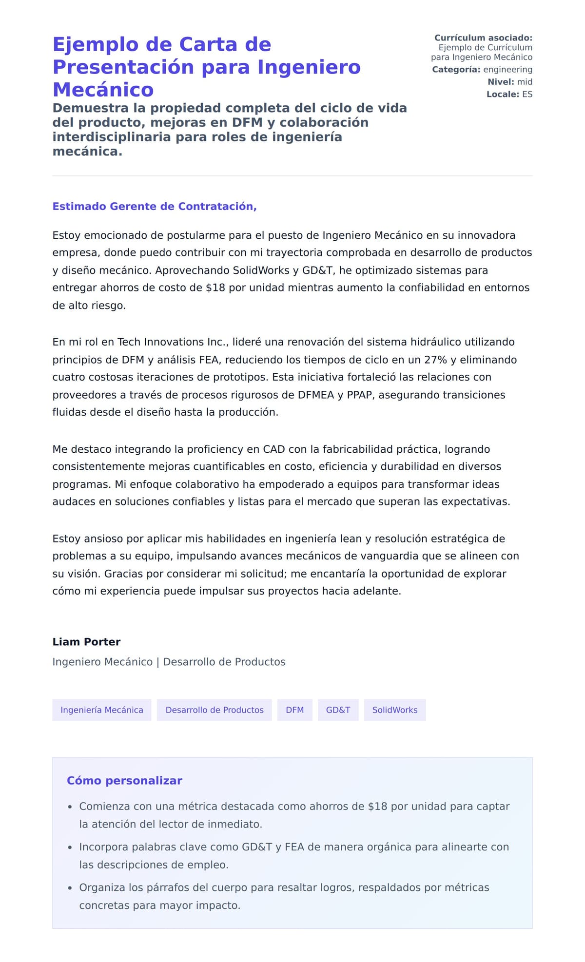 Vista previa de la carta para Ejemplo de Carta de Presentación para Ingeniero Mecánico