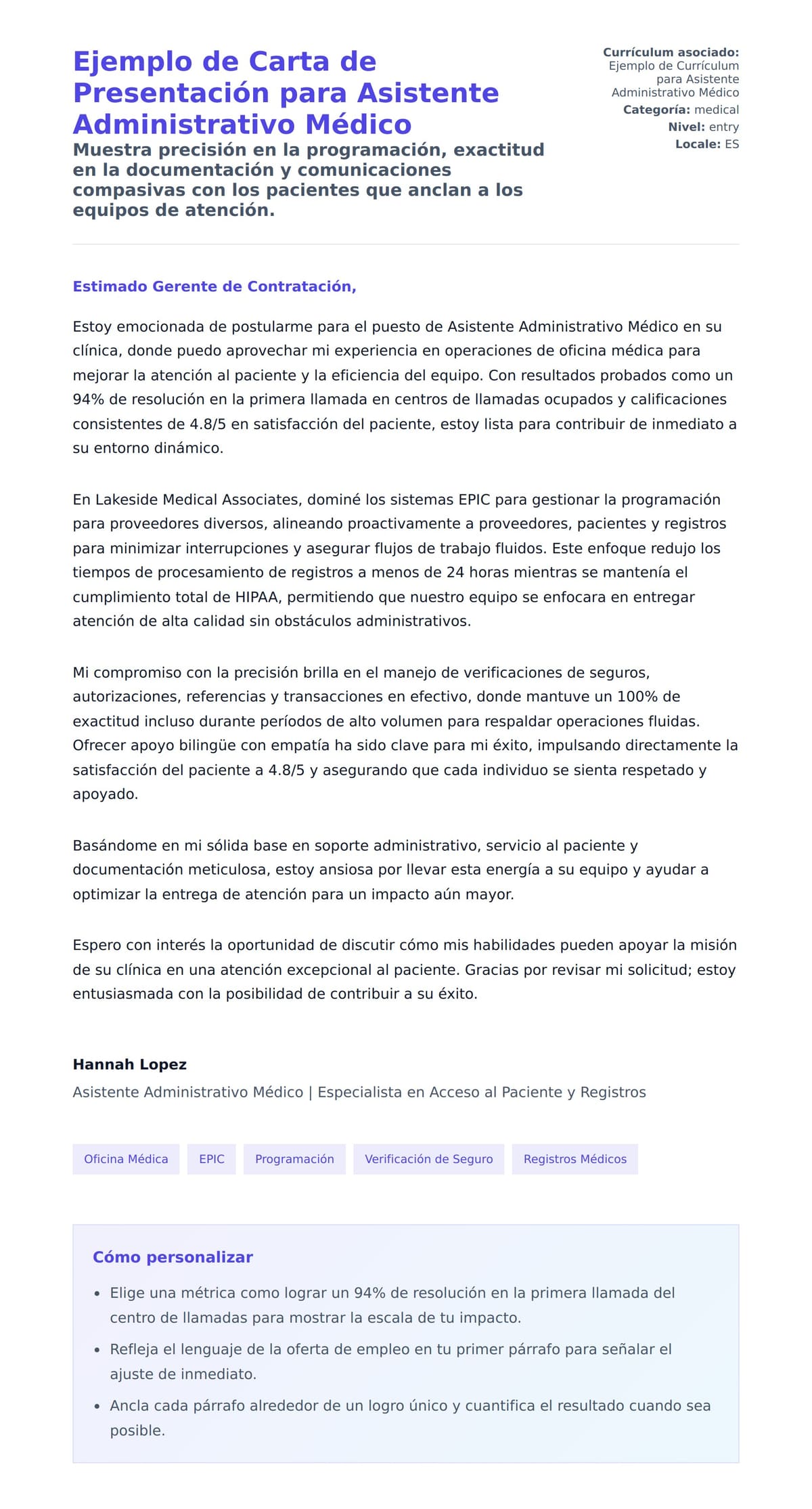 Vista previa de la carta para Ejemplo de Carta de Presentación para Asistente Administrativo Médico