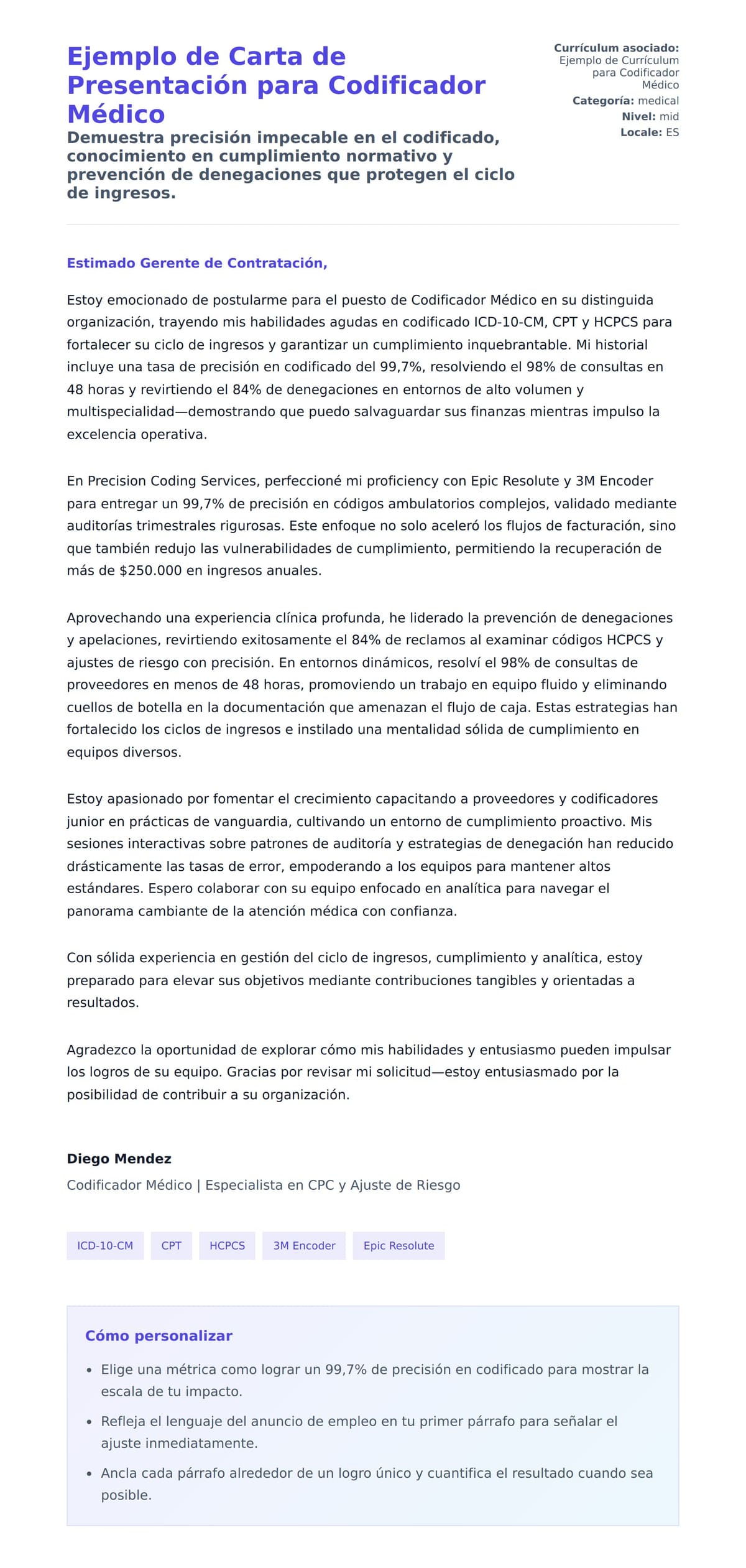 Vista previa de la carta para Ejemplo de Carta de Presentación para Codificador Médico