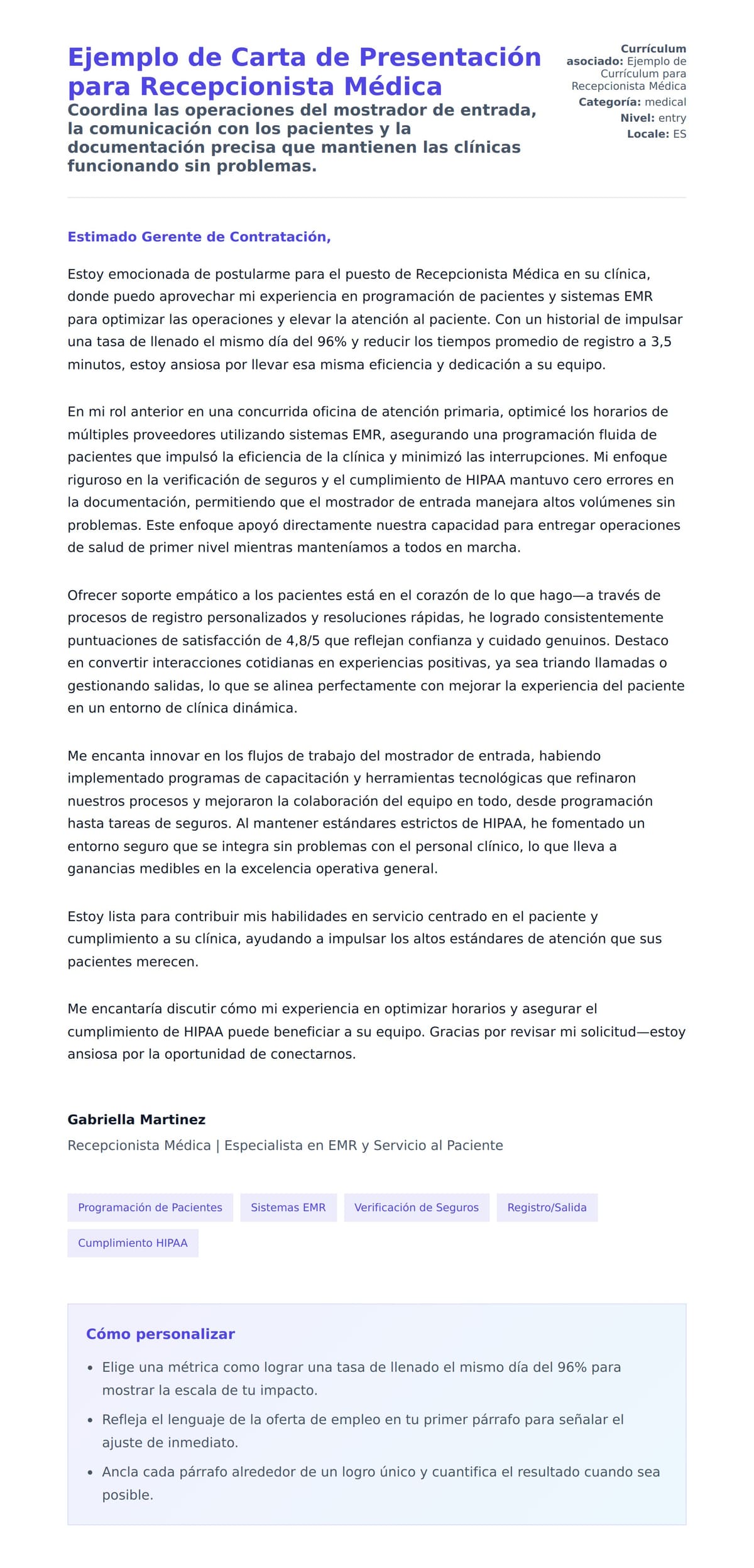 Vista previa de la carta para Ejemplo de Carta de Presentación para Recepcionista Médica