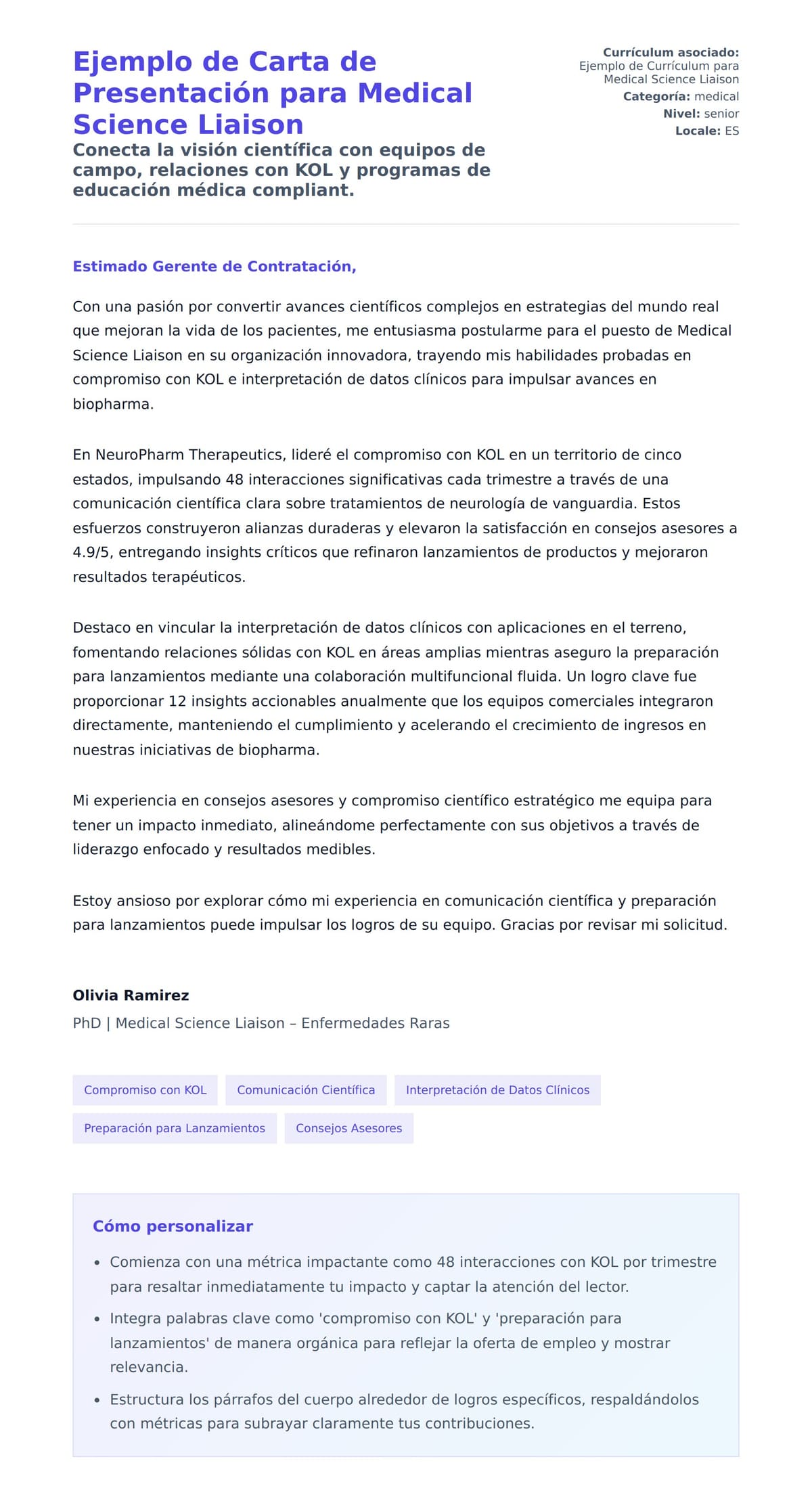 Vista previa de la carta para Ejemplo de Carta de Presentación para Medical Science Liaison