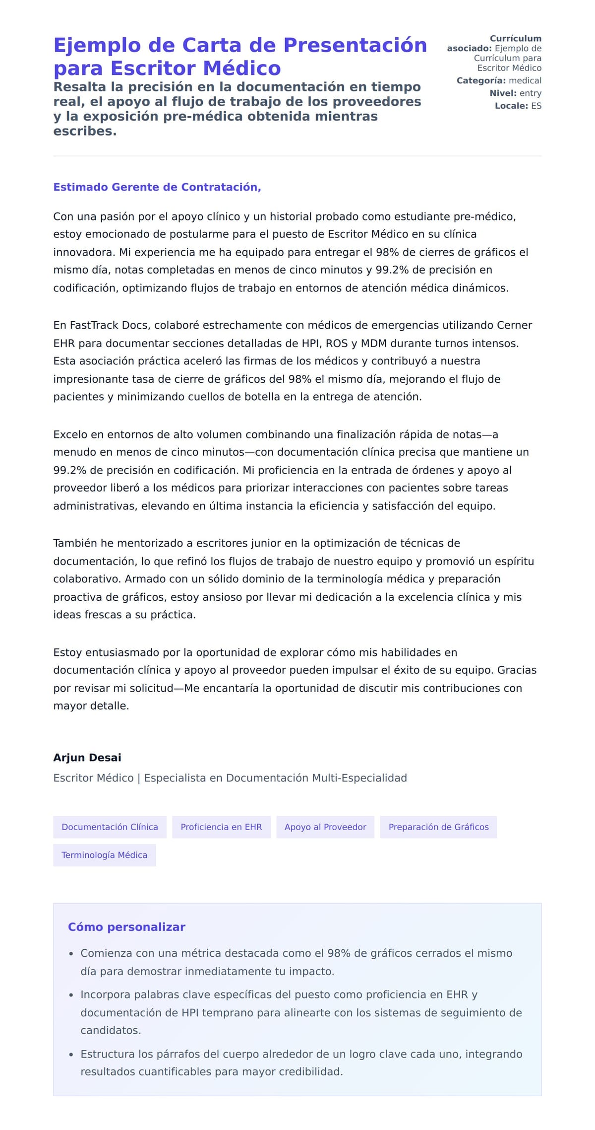 Vista previa de la carta para Ejemplo de Carta de Presentación para Escritor Médico