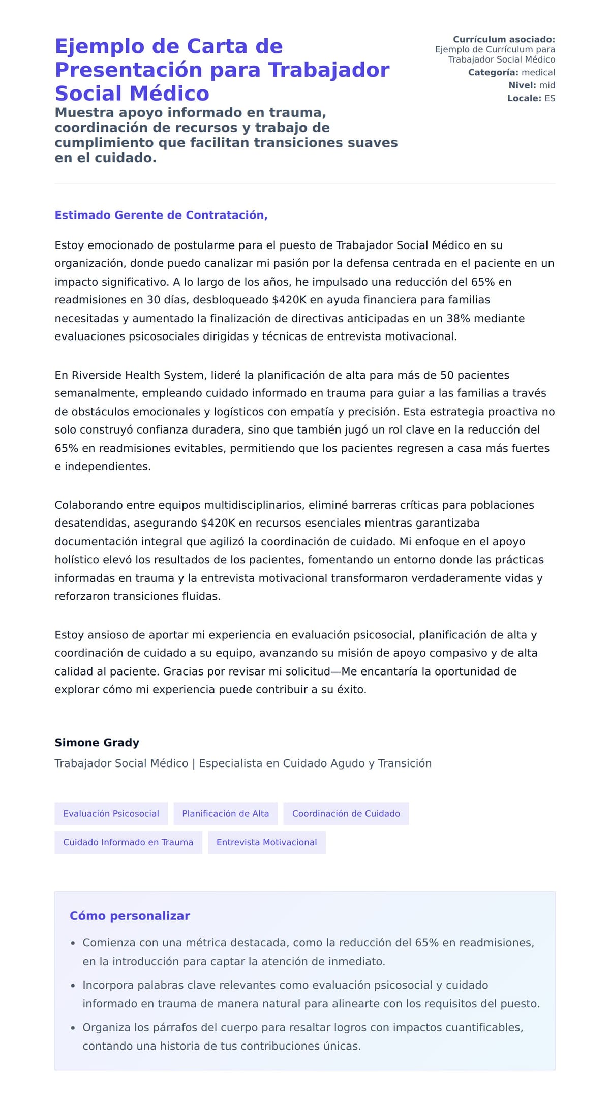 Vista previa de la carta para Ejemplo de Carta de Presentación para Trabajador Social Médico