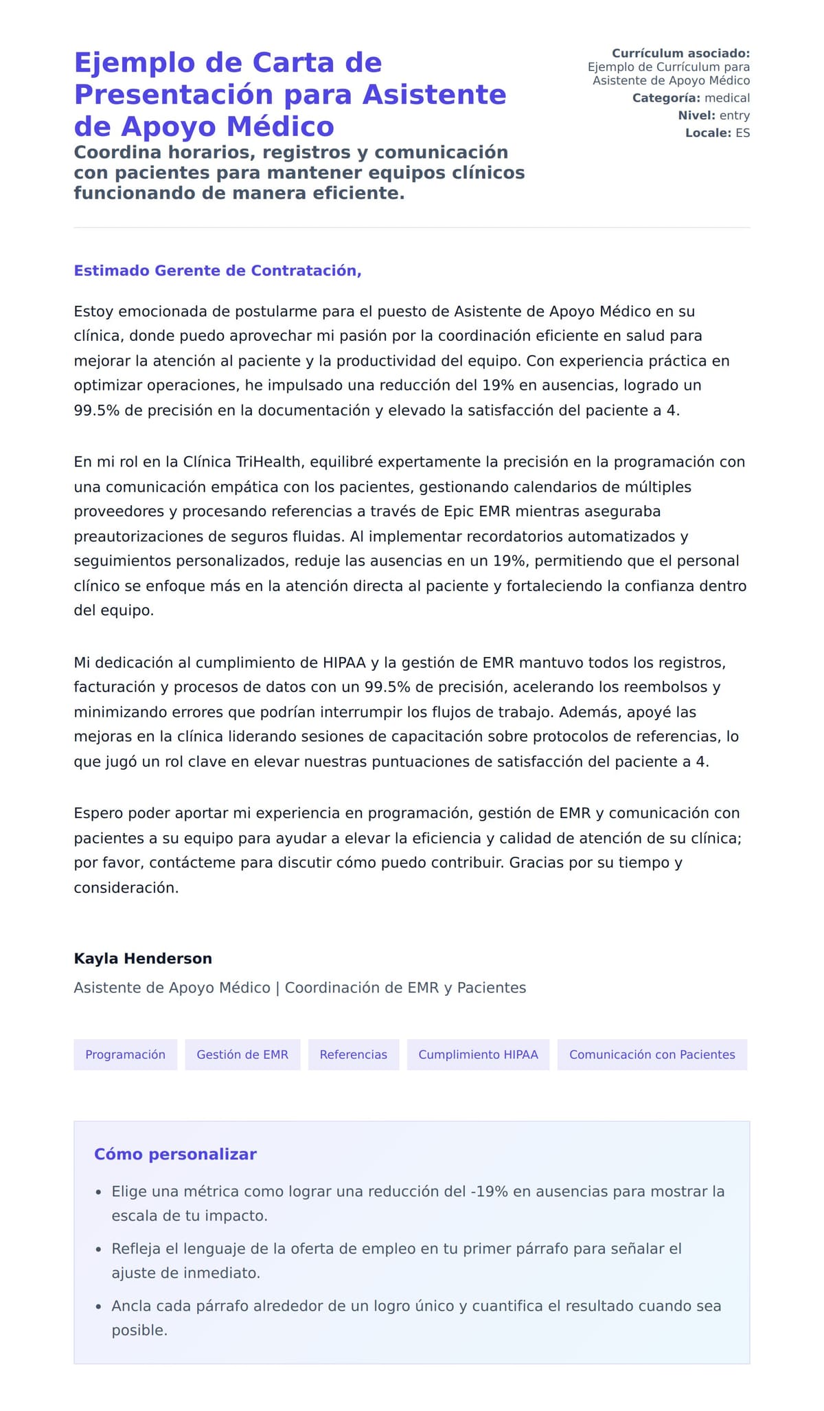Vista previa de la carta para Ejemplo de Carta de Presentación para Asistente de Apoyo Médico