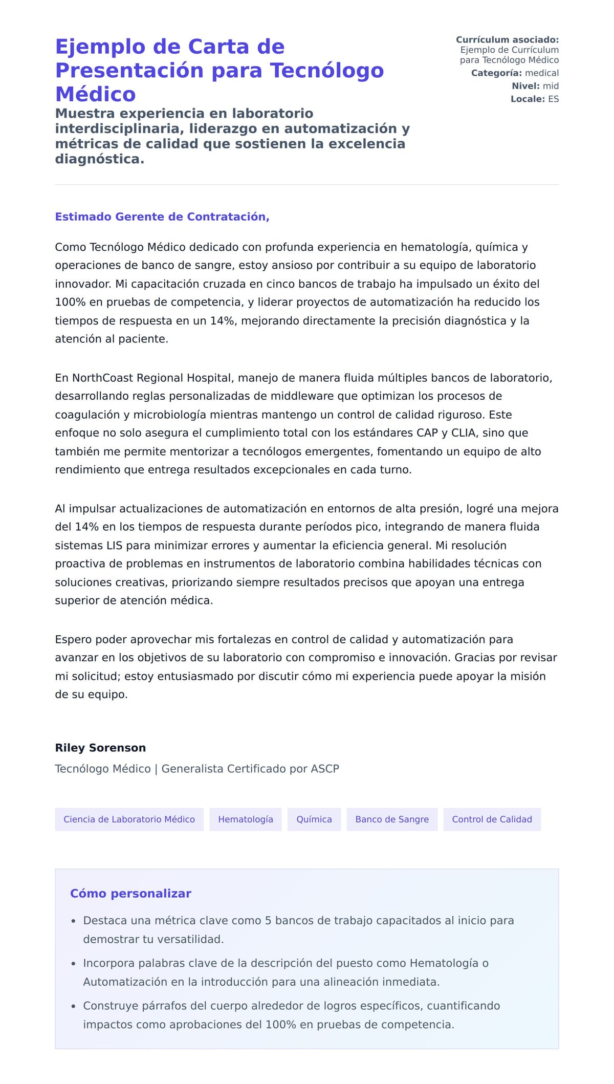 Vista previa de la carta para Ejemplo de Carta de Presentación para Tecnólogo Médico