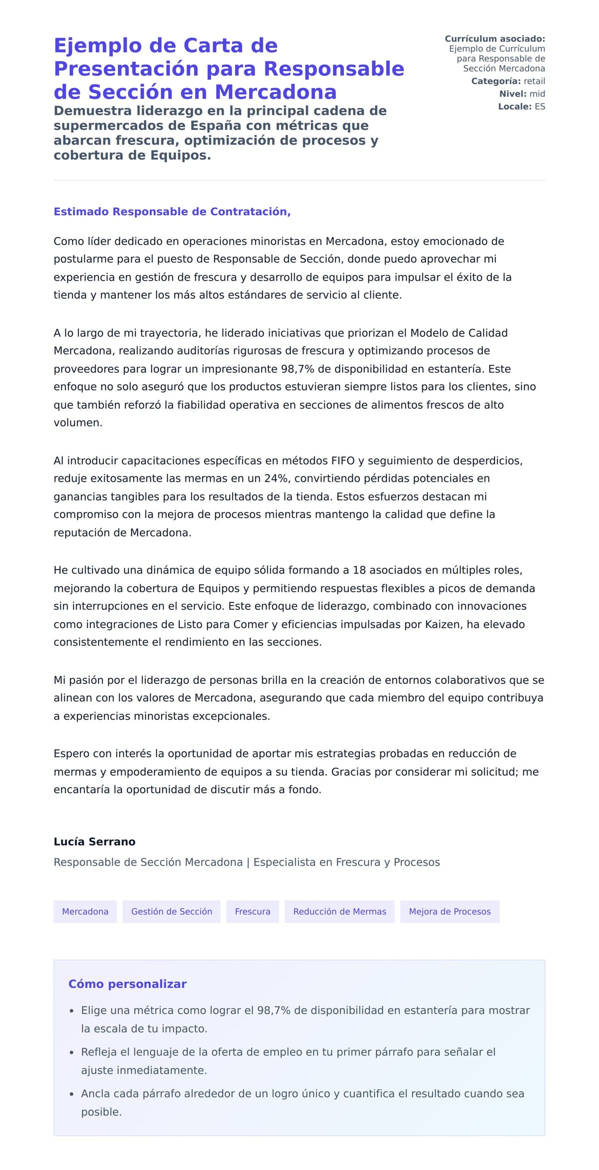 Vista previa de la carta para Ejemplo de Carta de Presentación para Responsable de Sección en Mercadona