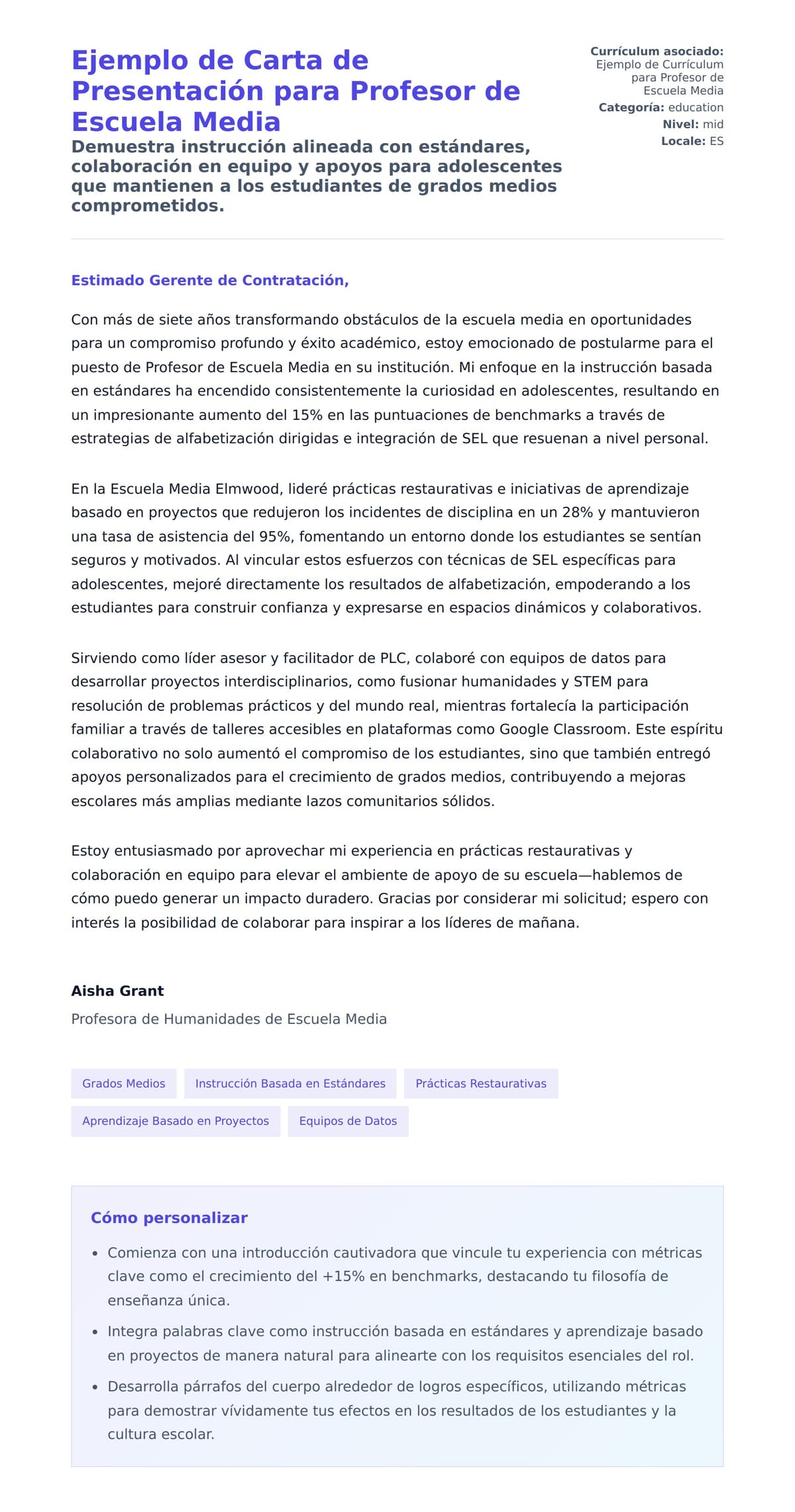 Vista previa de la carta para Ejemplo de Carta de Presentación para Profesor de Escuela Media