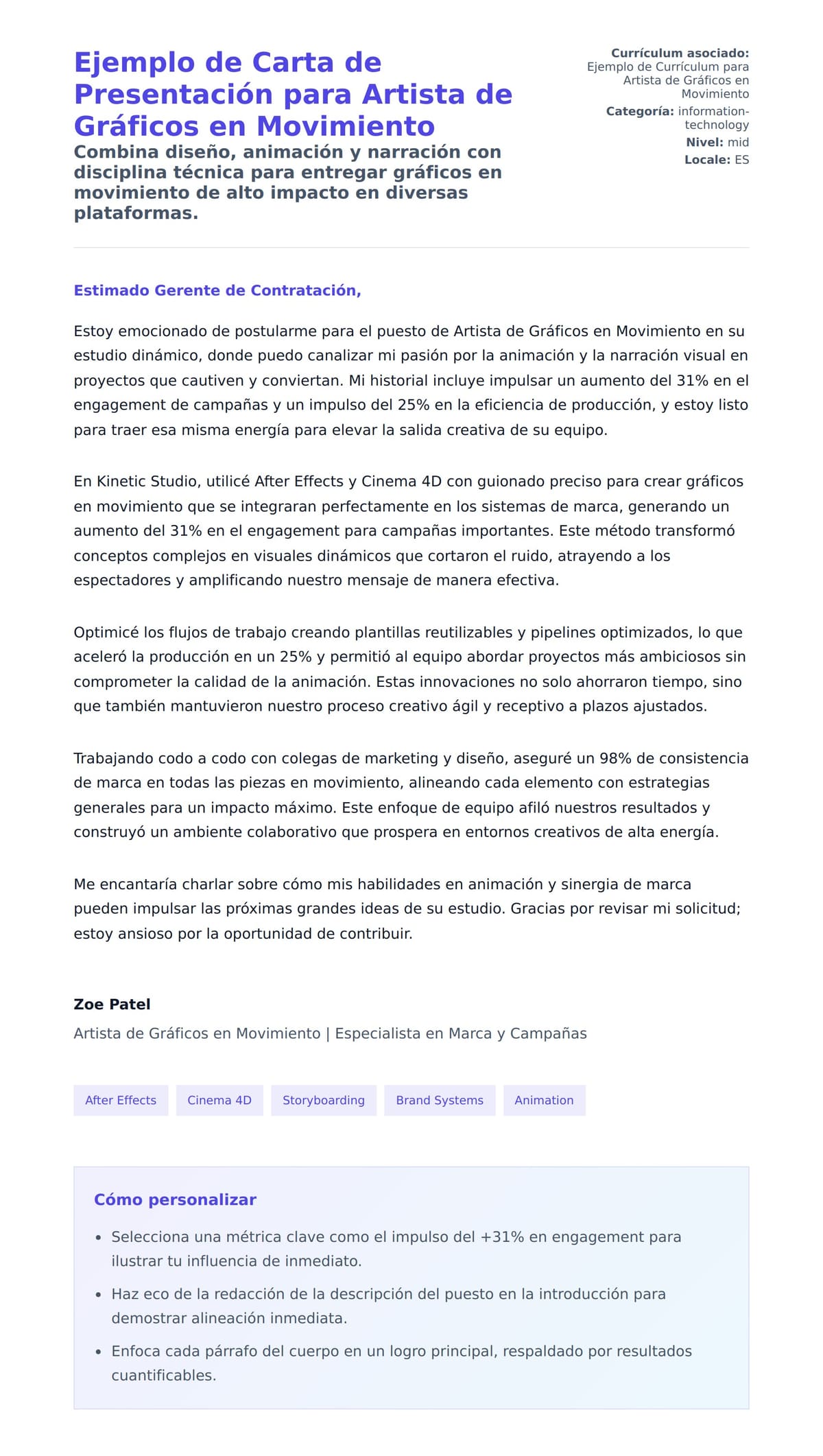 Vista previa de la carta para Ejemplo de Carta de Presentación para Artista de Gráficos en Movimiento