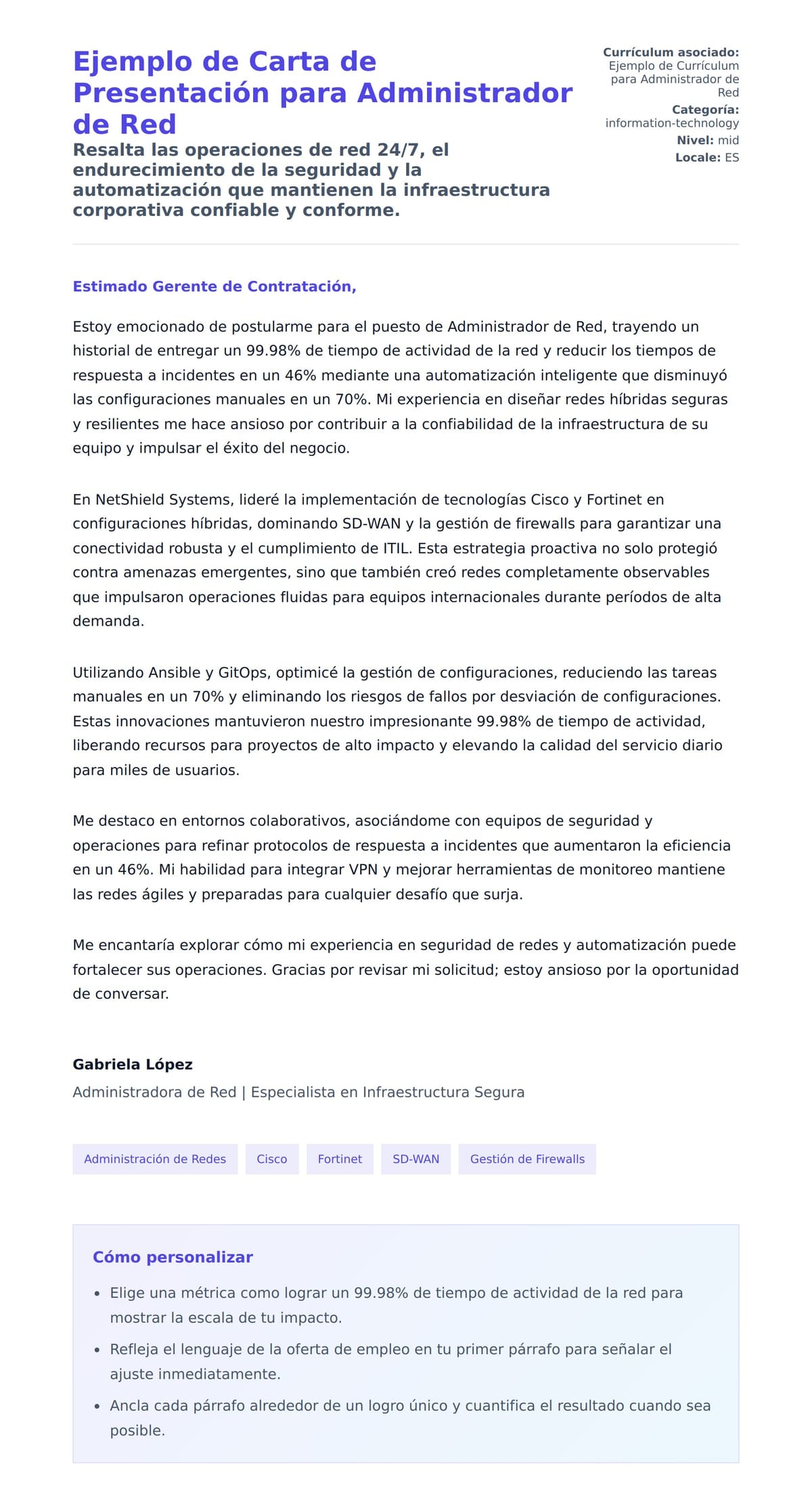 Vista previa de la carta para Ejemplo de Carta de Presentación para Administrador de Red