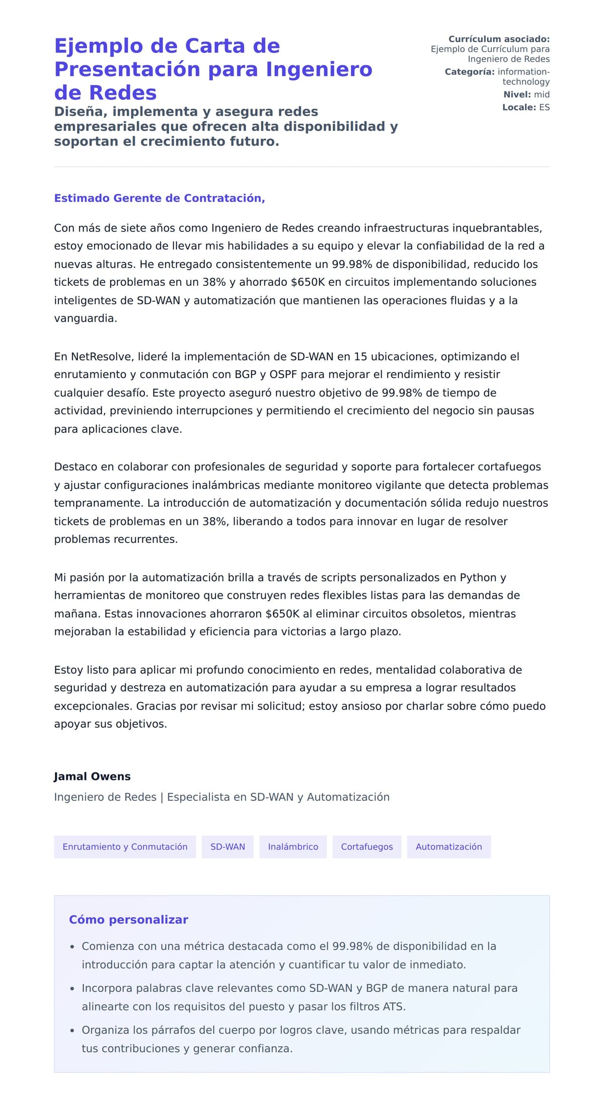 Vista previa de la carta para Ejemplo de Carta de Presentación para Ingeniero de Redes