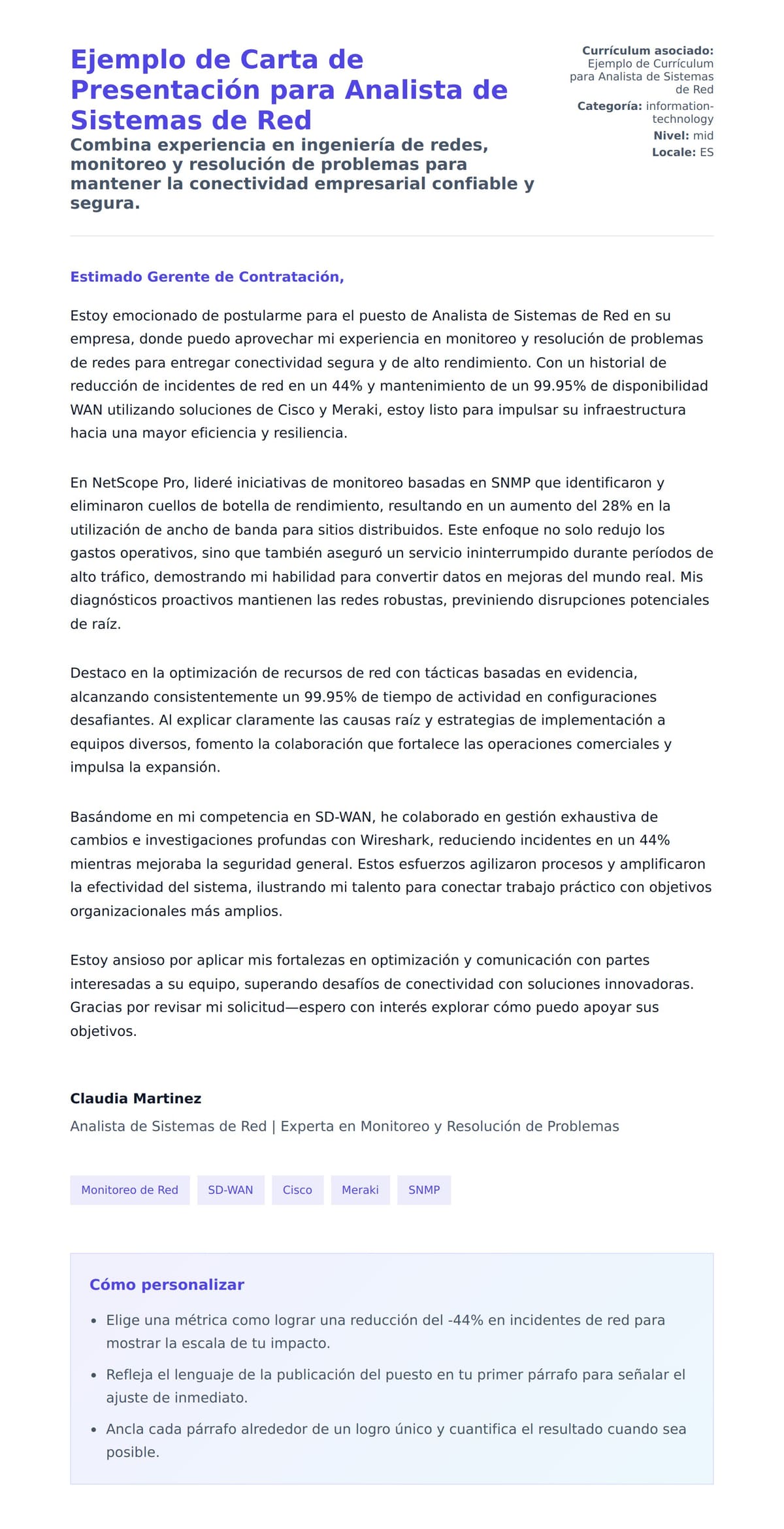 Vista previa de la carta para Ejemplo de Carta de Presentación para Analista de Sistemas de Red