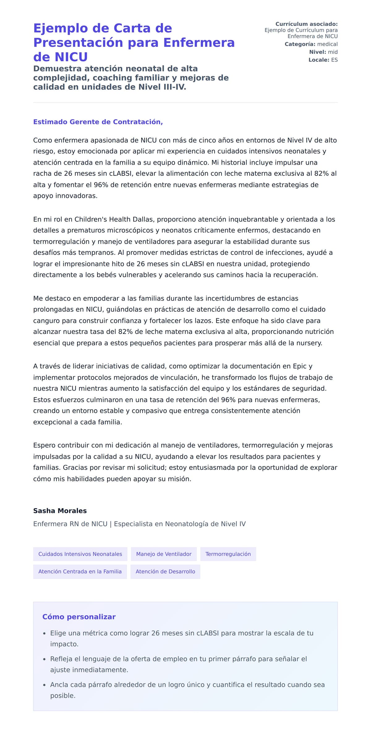Vista previa de la carta para Ejemplo de Carta de Presentación para Enfermera de NICU