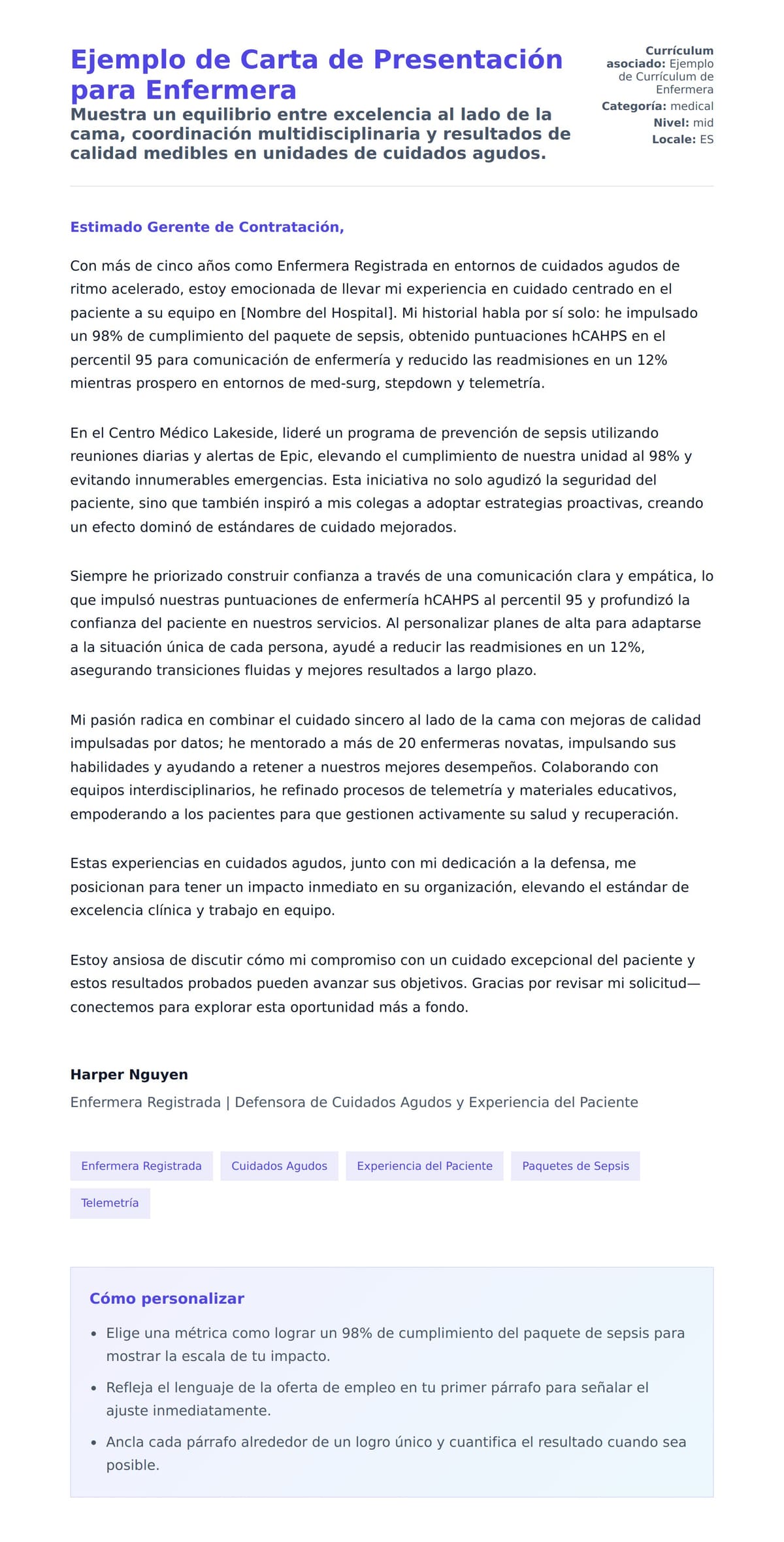 Vista previa de la carta para Ejemplo de Carta de Presentación para Enfermera