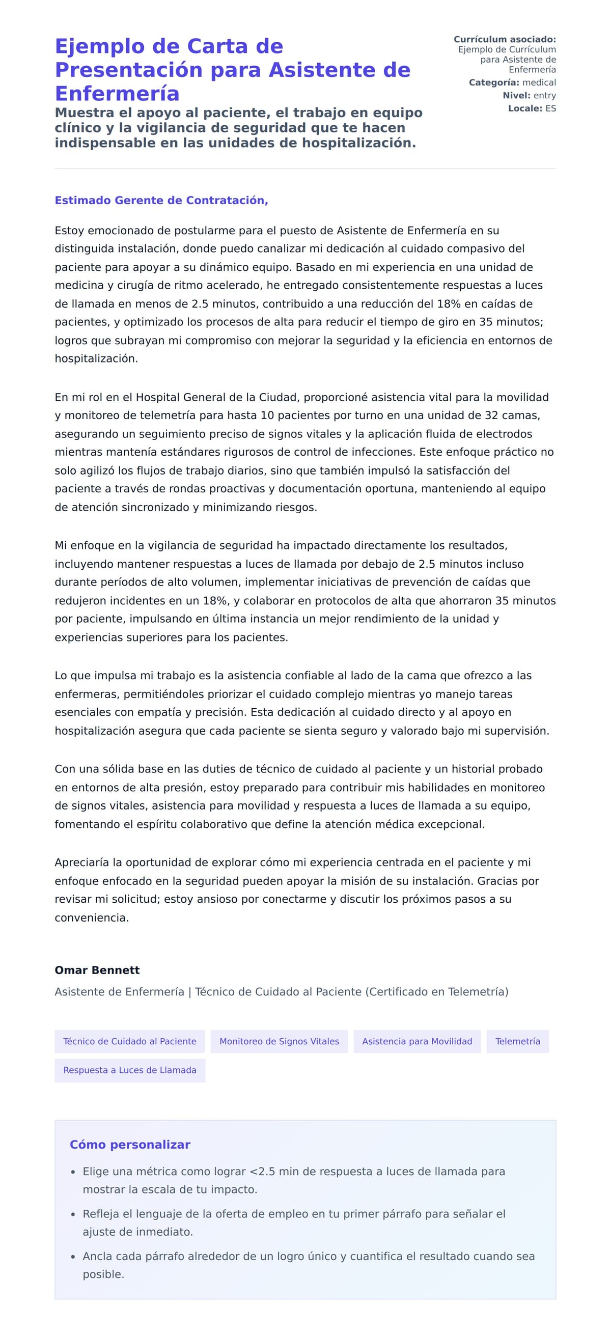 Vista previa de la carta para Ejemplo de Carta de Presentación para Asistente de Enfermería