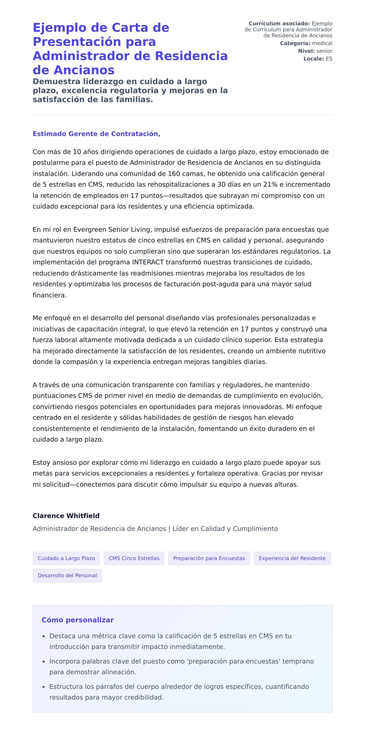 Vista previa de la carta para Ejemplo de Carta de Presentación para Administrador de Residencia de Ancianos