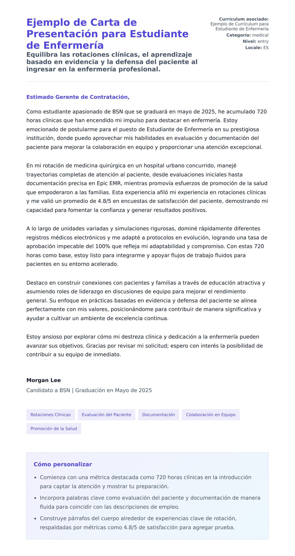 Vista previa de la carta para Ejemplo de Carta de Presentación para Estudiante de Enfermería
