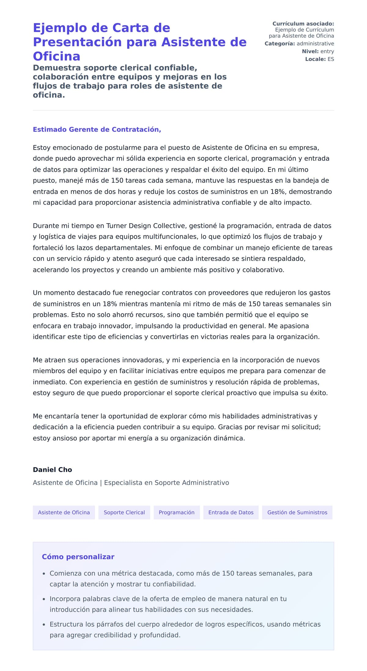 Vista previa de la carta para Ejemplo de Carta de Presentación para Asistente de Oficina