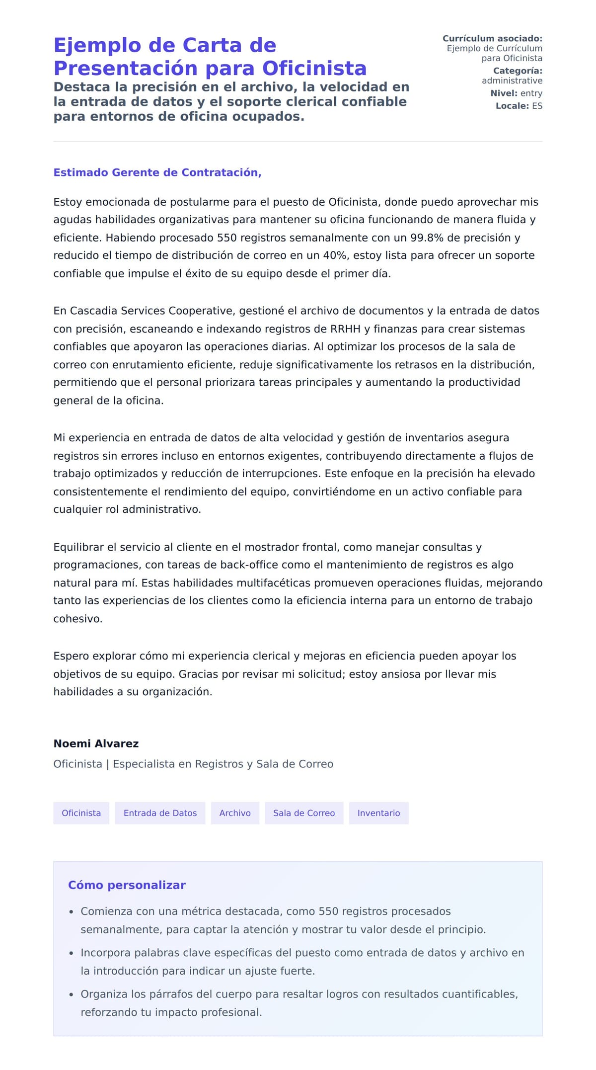 Vista previa de la carta para Ejemplo de Carta de Presentación para Oficinista