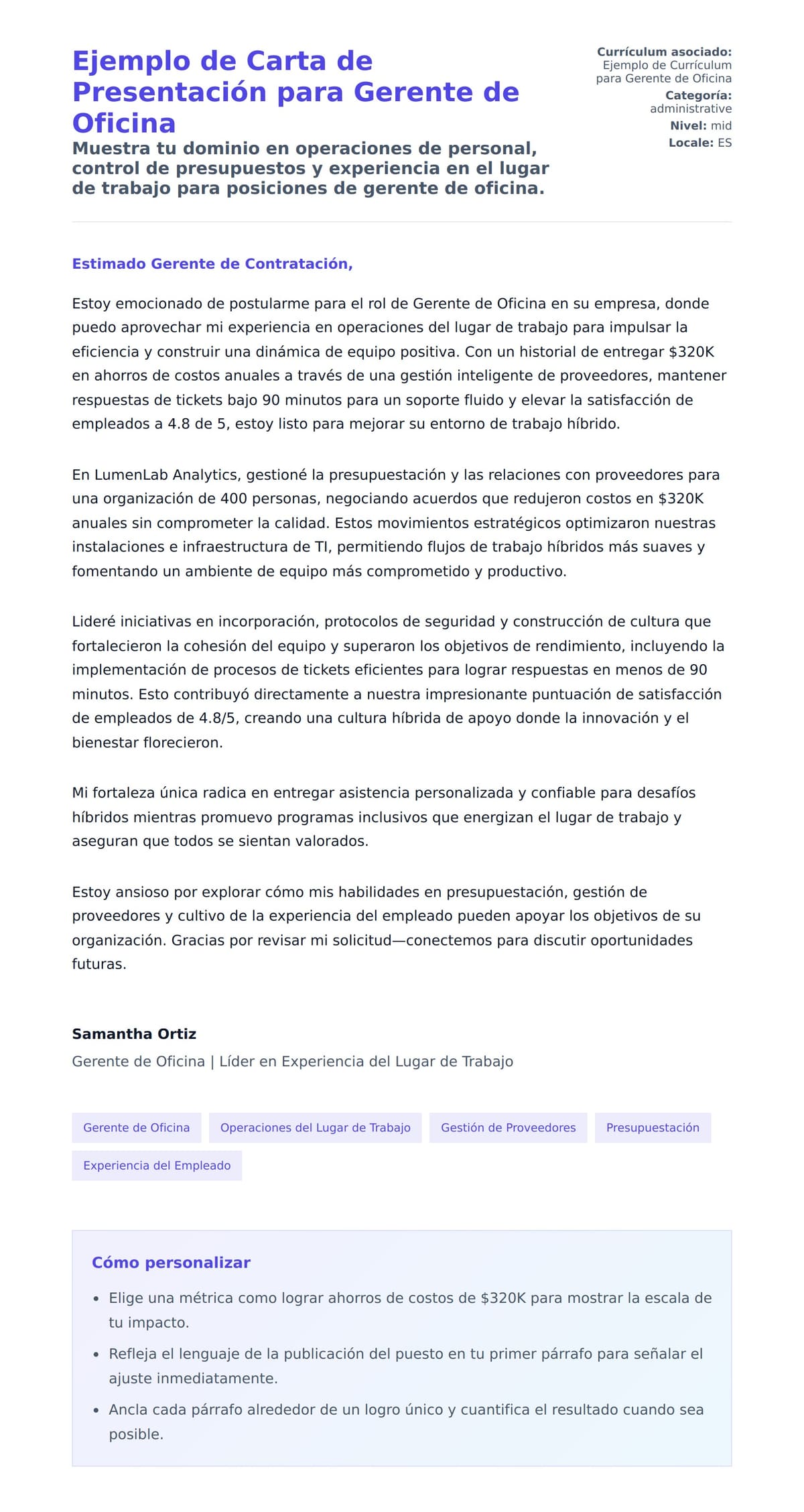 Vista previa de la carta para Ejemplo de Carta de Presentación para Gerente de Oficina