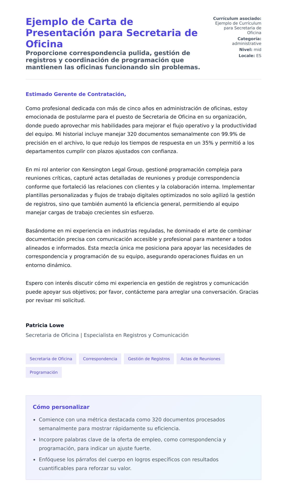 Ejemplo de Carta de Presentación para Secretaria de Oficina