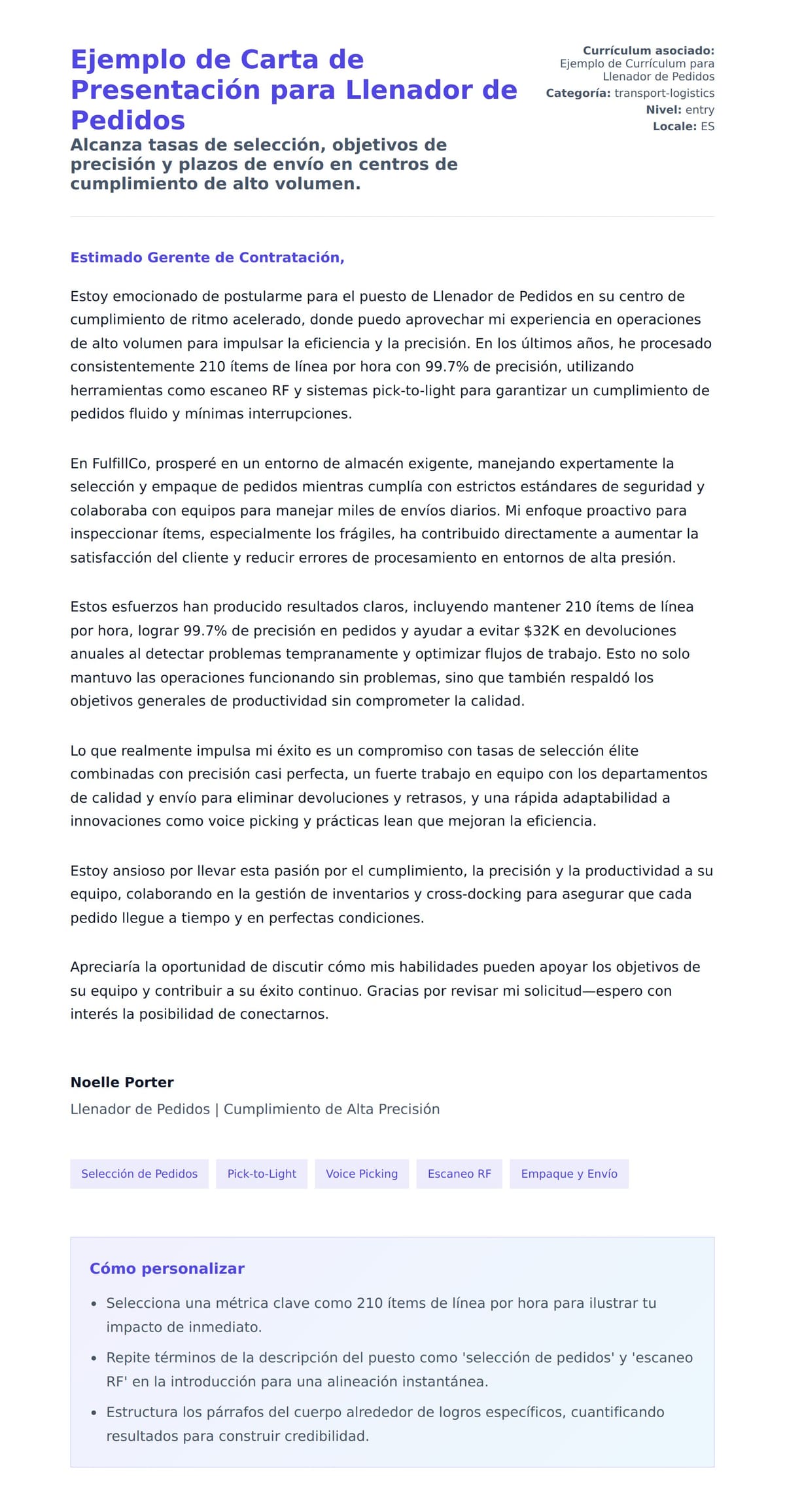 Vista previa de la carta para Ejemplo de Carta de Presentación para Llenador de Pedidos