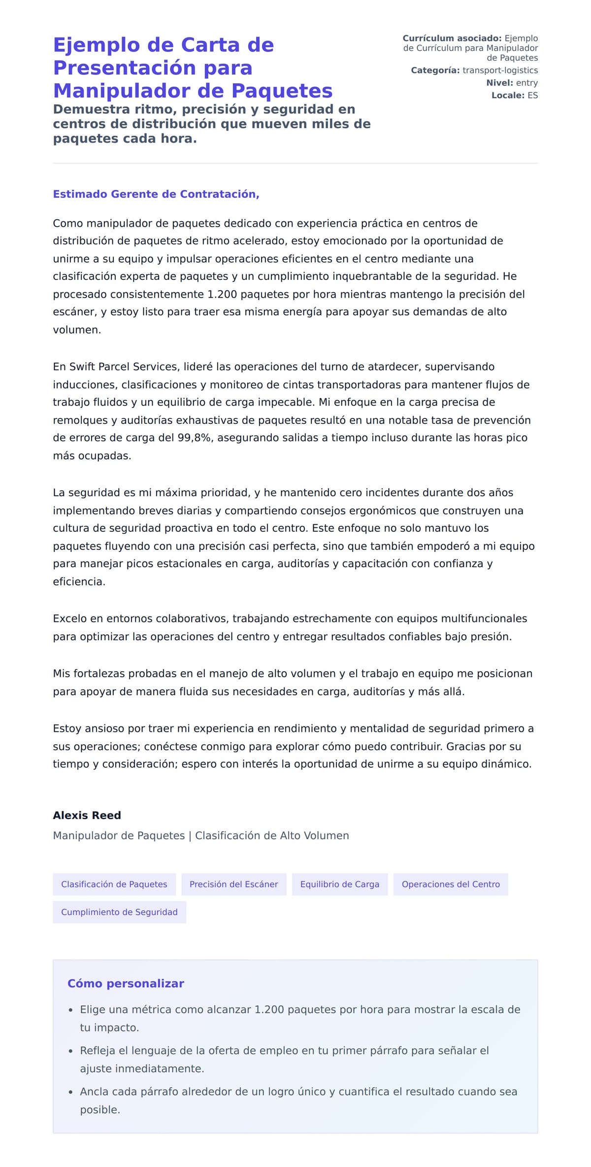 Vista previa de la carta para Ejemplo de Carta de Presentación para Manipulador de Paquetes