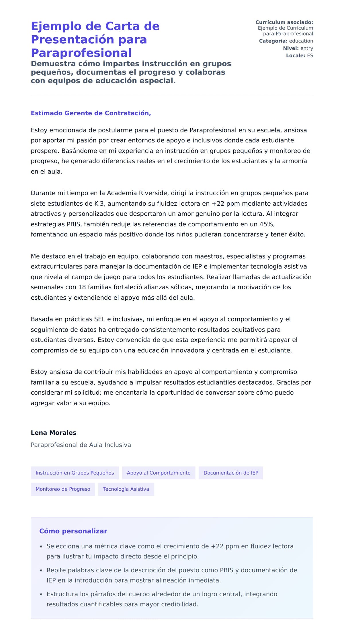 Vista previa de la carta para Ejemplo de Carta de Presentación para Paraprofesional
