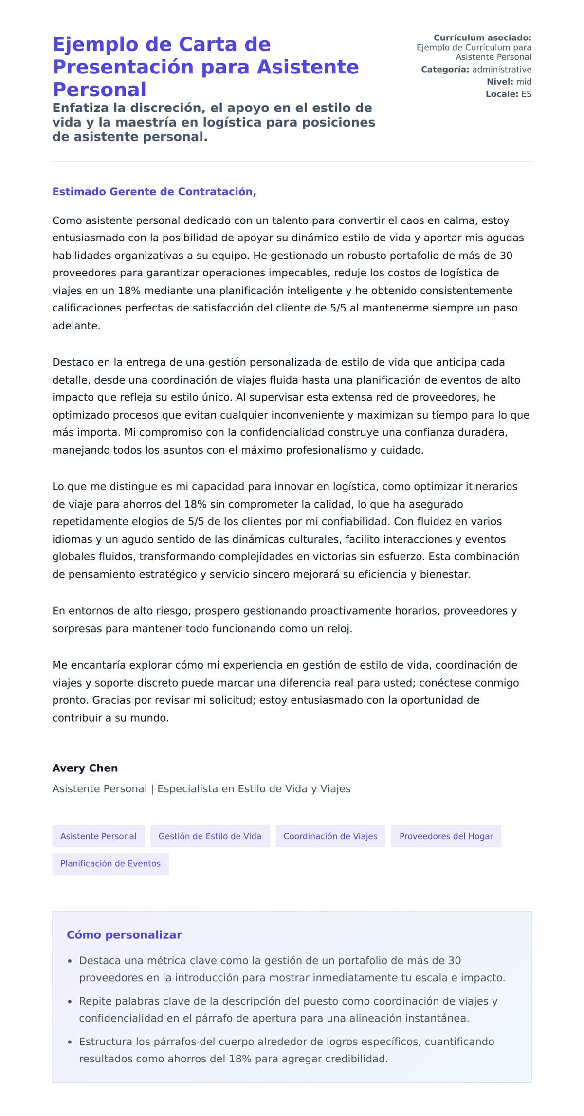 Vista previa de la carta para Ejemplo de Carta de Presentación para Asistente Personal