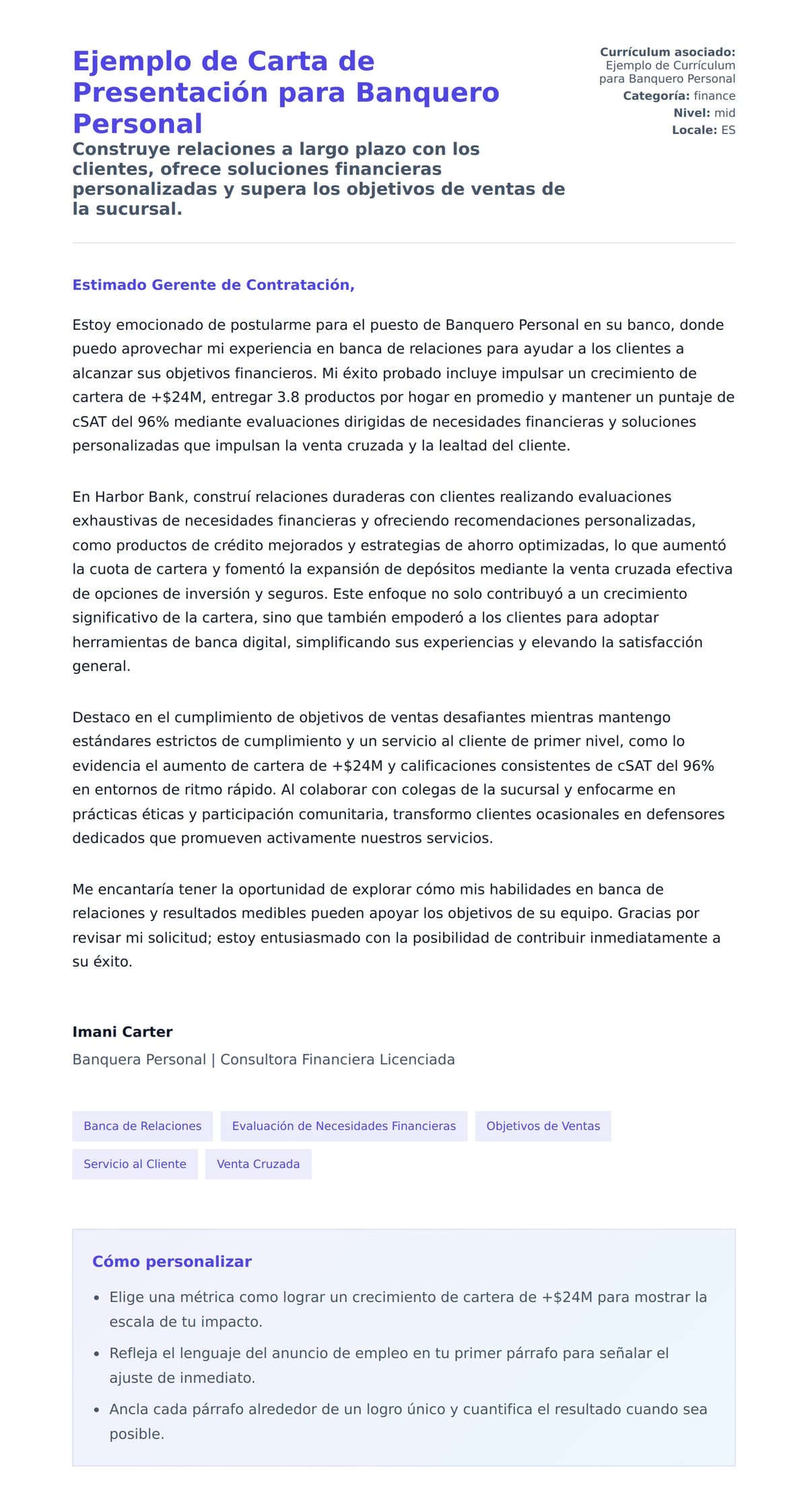 Vista previa de la carta para Ejemplo de Carta de Presentación para Banquero Personal