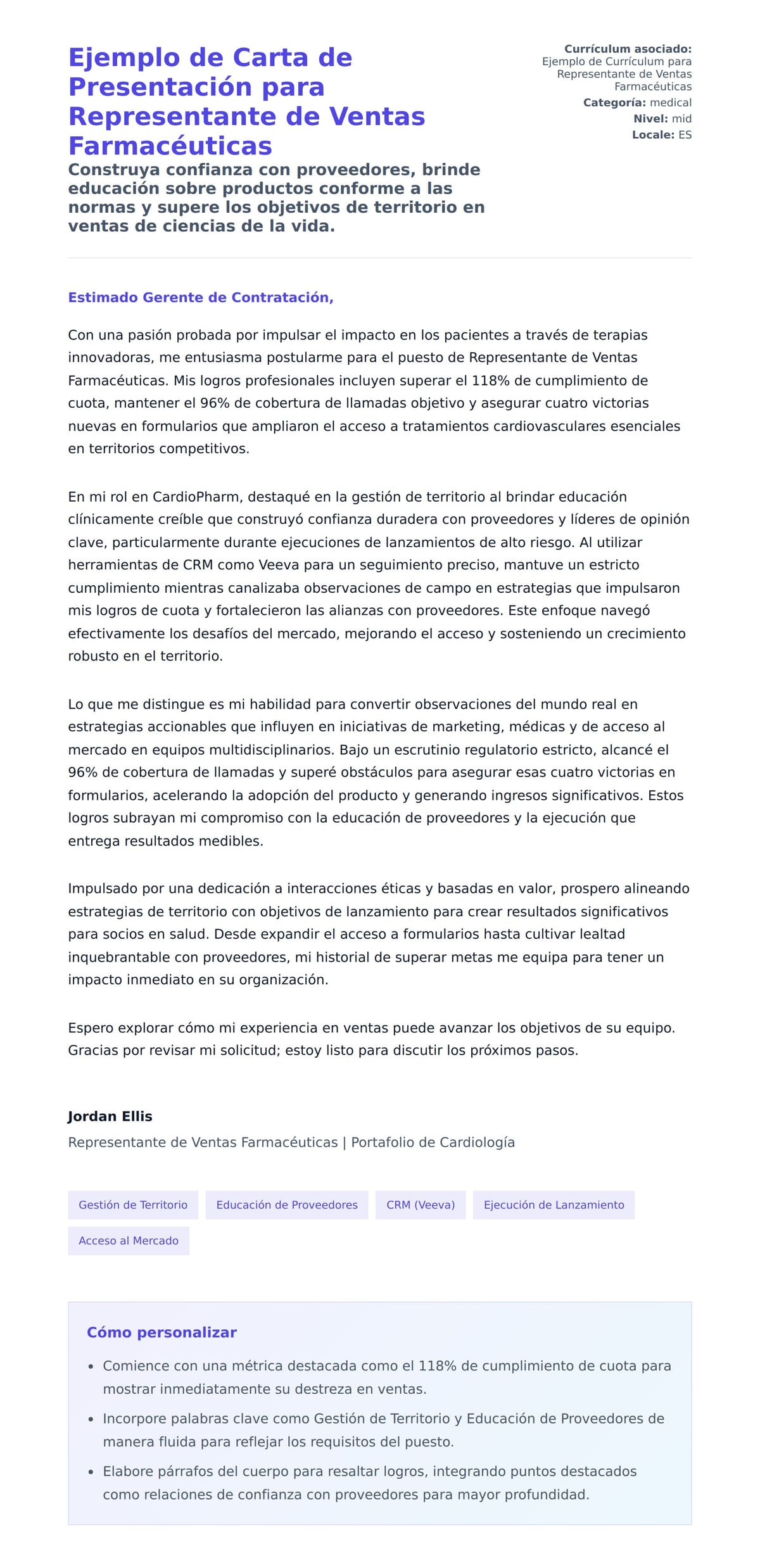Vista previa de la carta para Ejemplo de Carta de Presentación para Representante de Ventas Farmacéuticas