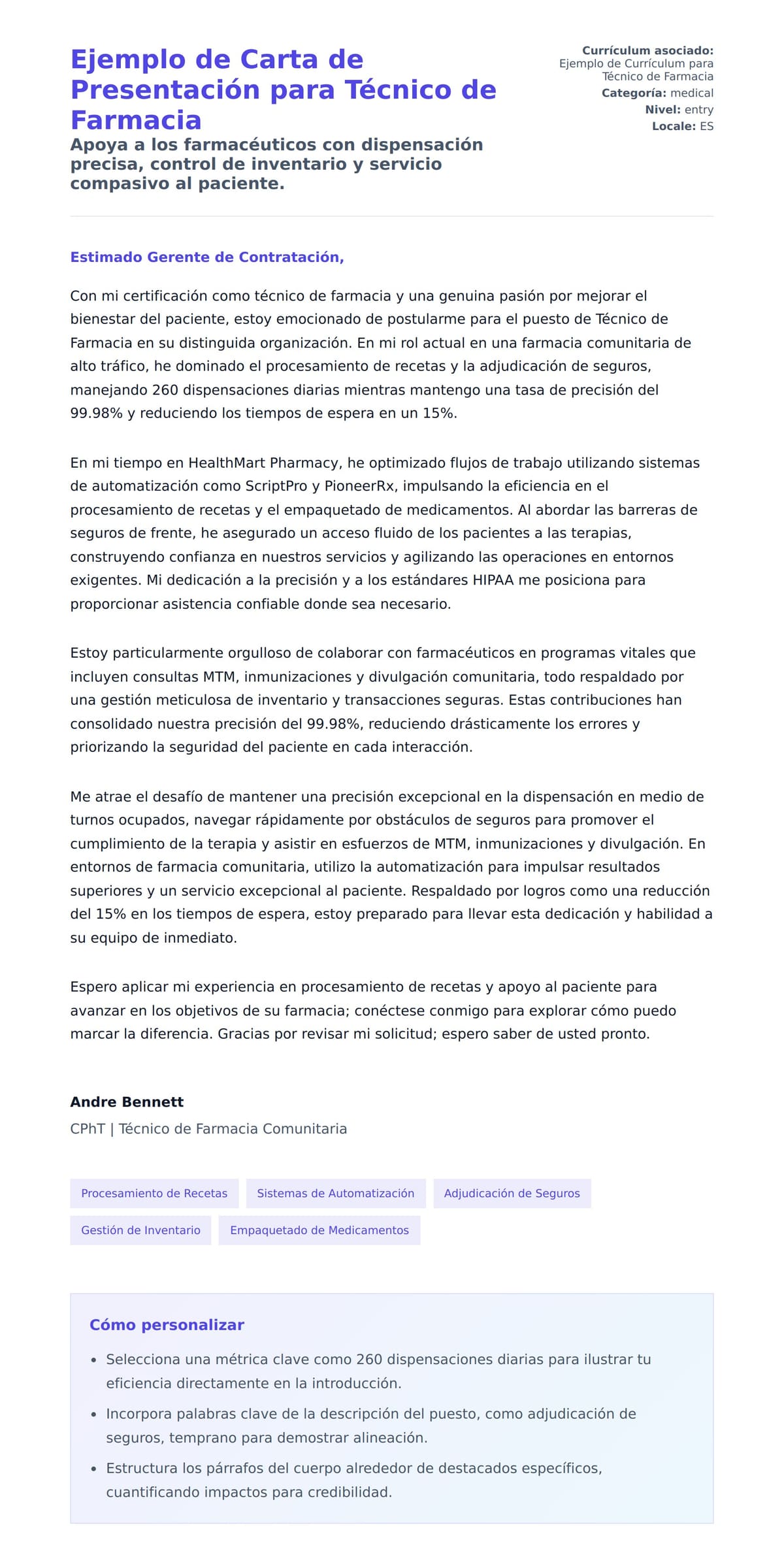 Vista previa de la carta para Ejemplo de Carta de Presentación para Técnico de Farmacia