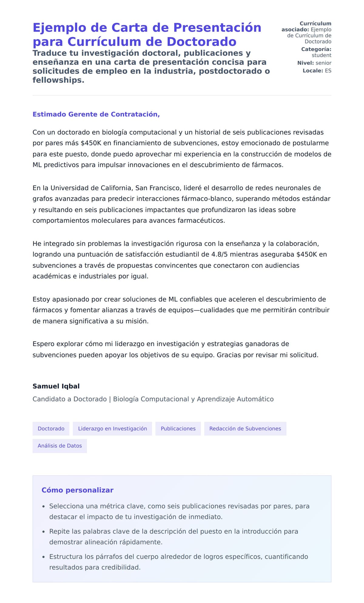 Vista previa de la carta para Ejemplo de Carta de Presentación para Currículum de Doctorado