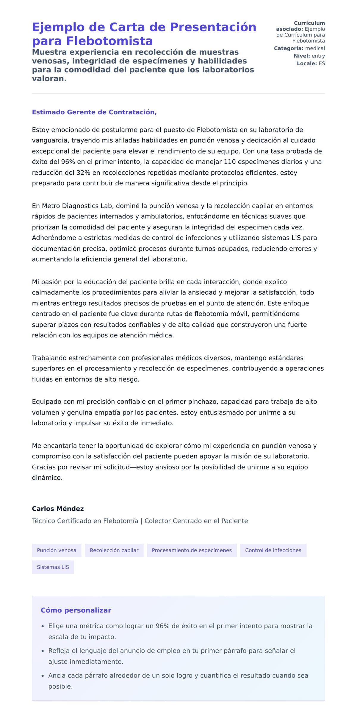 Vista previa de la carta para Ejemplo de Carta de Presentación para Flebotomista