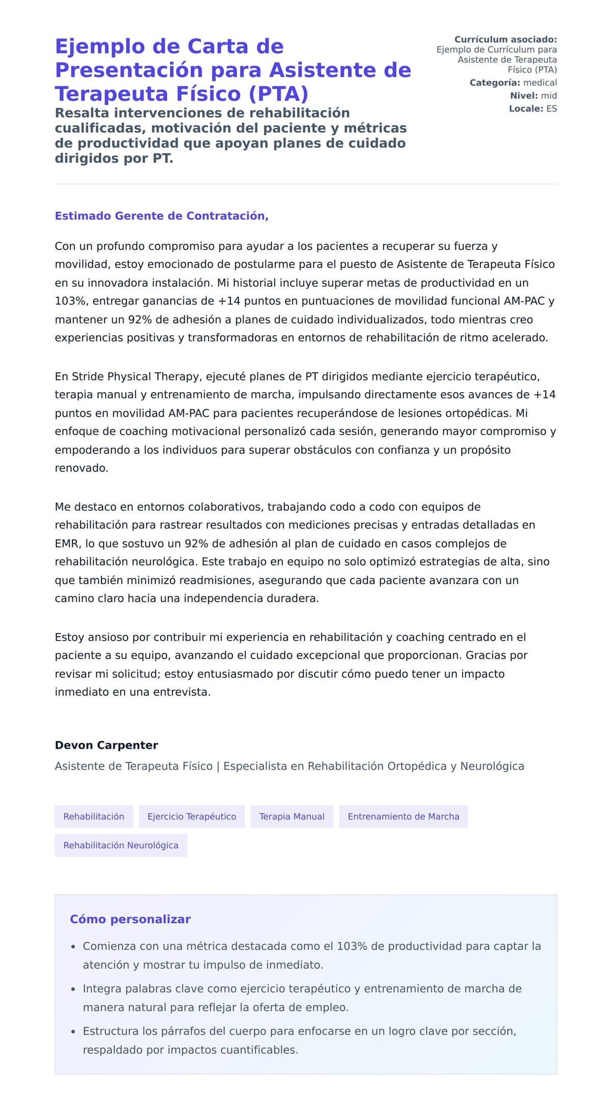 Vista previa de la carta para Ejemplo de Carta de Presentación para Asistente de Terapeuta Físico (PTA)