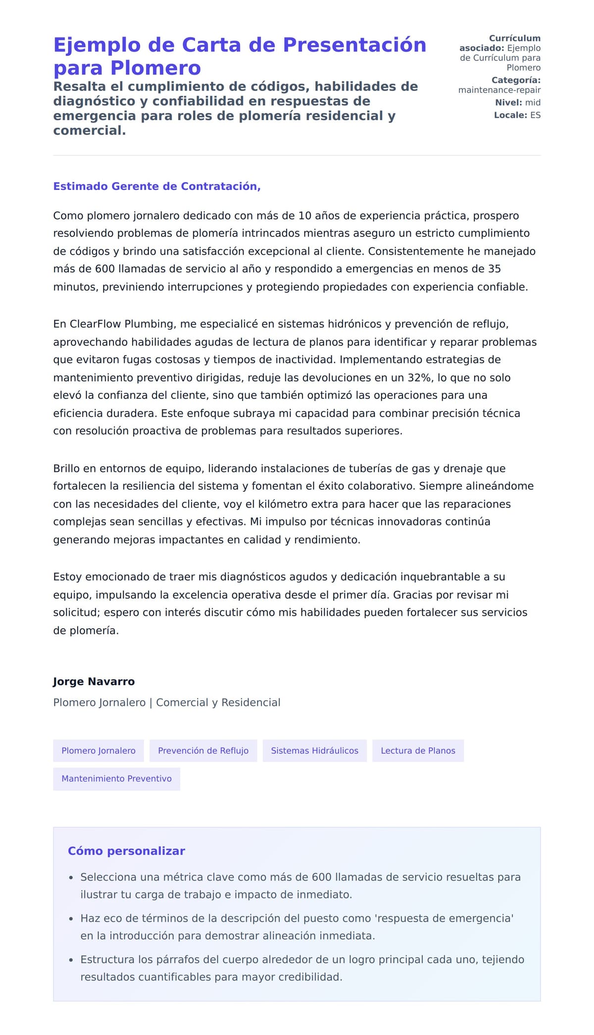 Vista previa de la carta para Ejemplo de Carta de Presentación para Plomero
