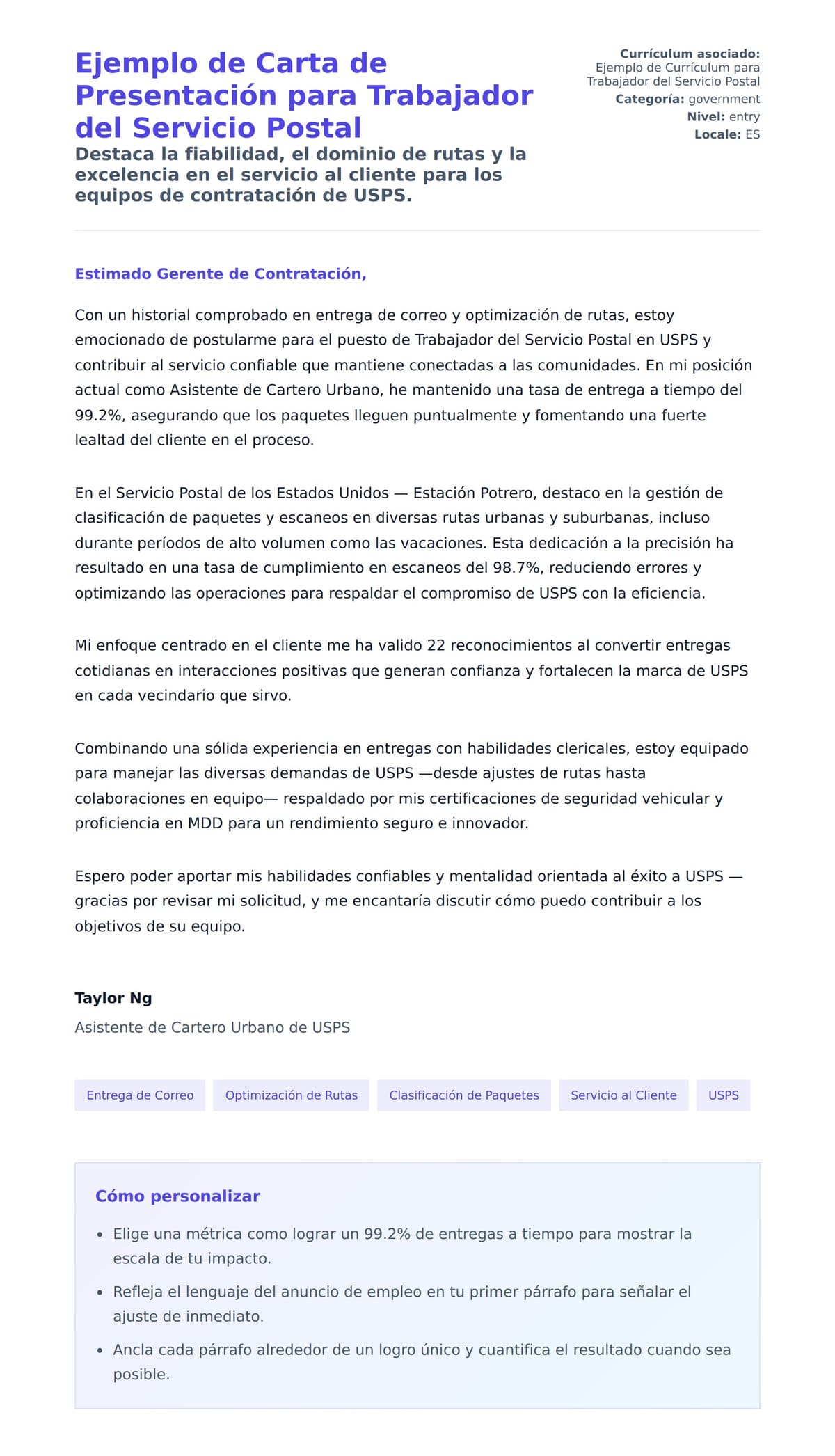 Vista previa de la carta para Ejemplo de Carta de Presentación para Trabajador del Servicio Postal