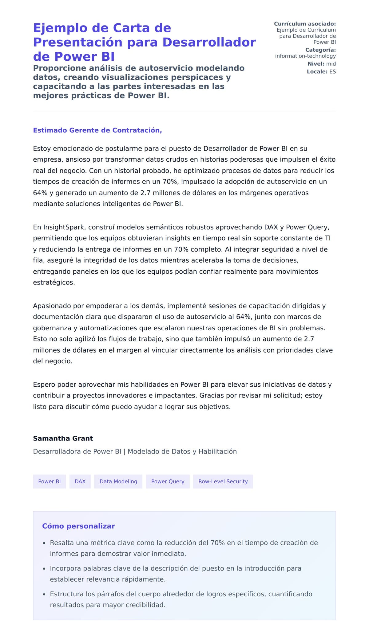 Vista previa de la carta para Ejemplo de Carta de Presentación para Desarrollador de Power BI