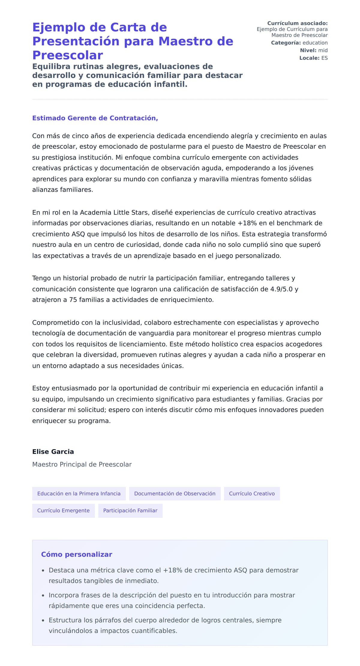 Vista previa de la carta para Ejemplo de Carta de Presentación para Maestro de Preescolar
