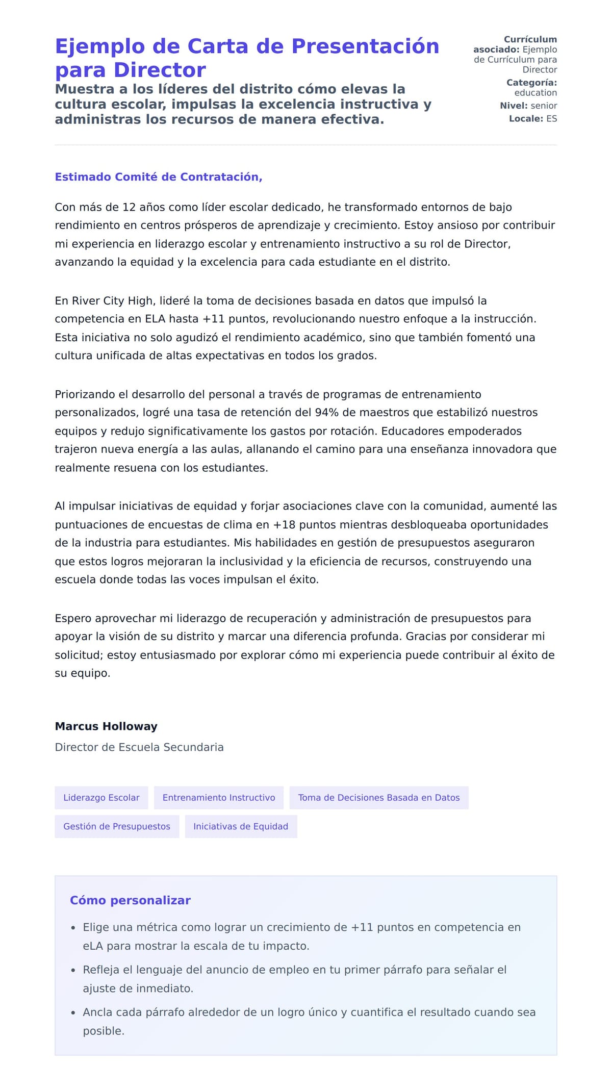 Vista previa de la carta para Ejemplo de Carta de Presentación para Director