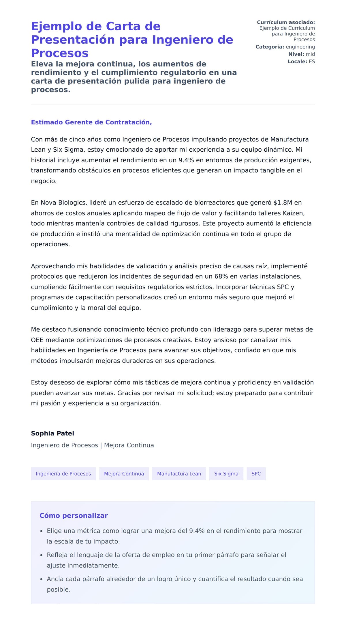 Vista previa de la carta para Ejemplo de Carta de Presentación para Ingeniero de Procesos