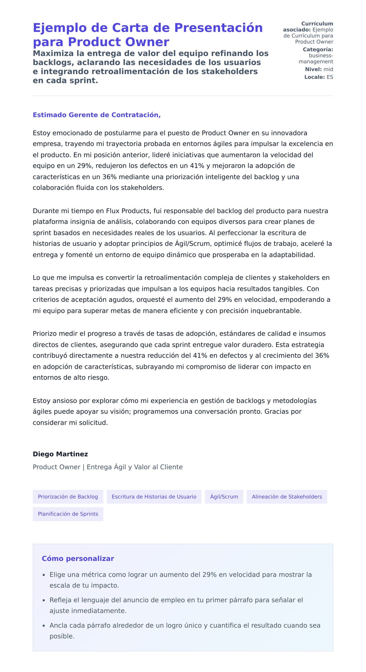 Vista previa de la carta para Ejemplo de Carta de Presentación para Product Owner
