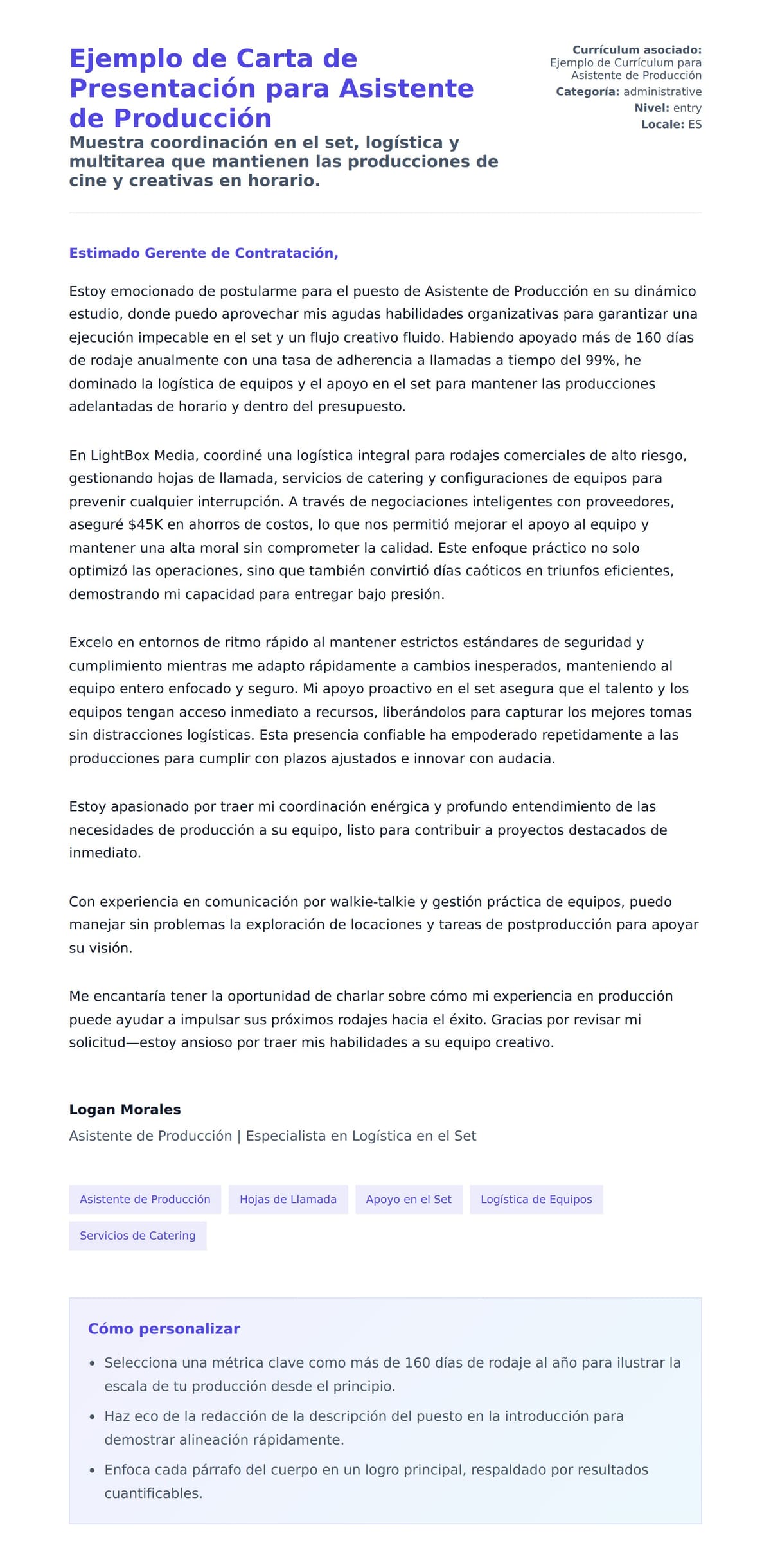 Vista previa de la carta para Ejemplo de Carta de Presentación para Asistente de Producción