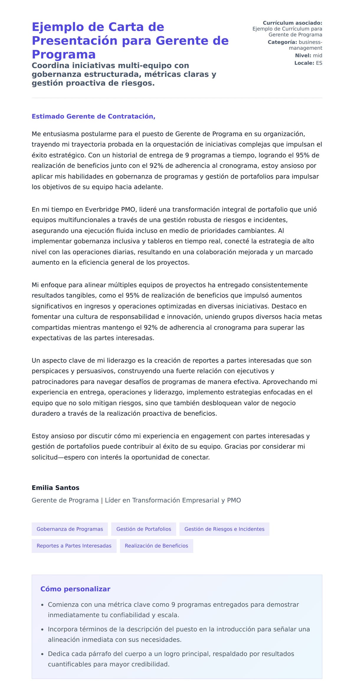 Vista previa de la carta para Ejemplo de Carta de Presentación para Gerente de Programa