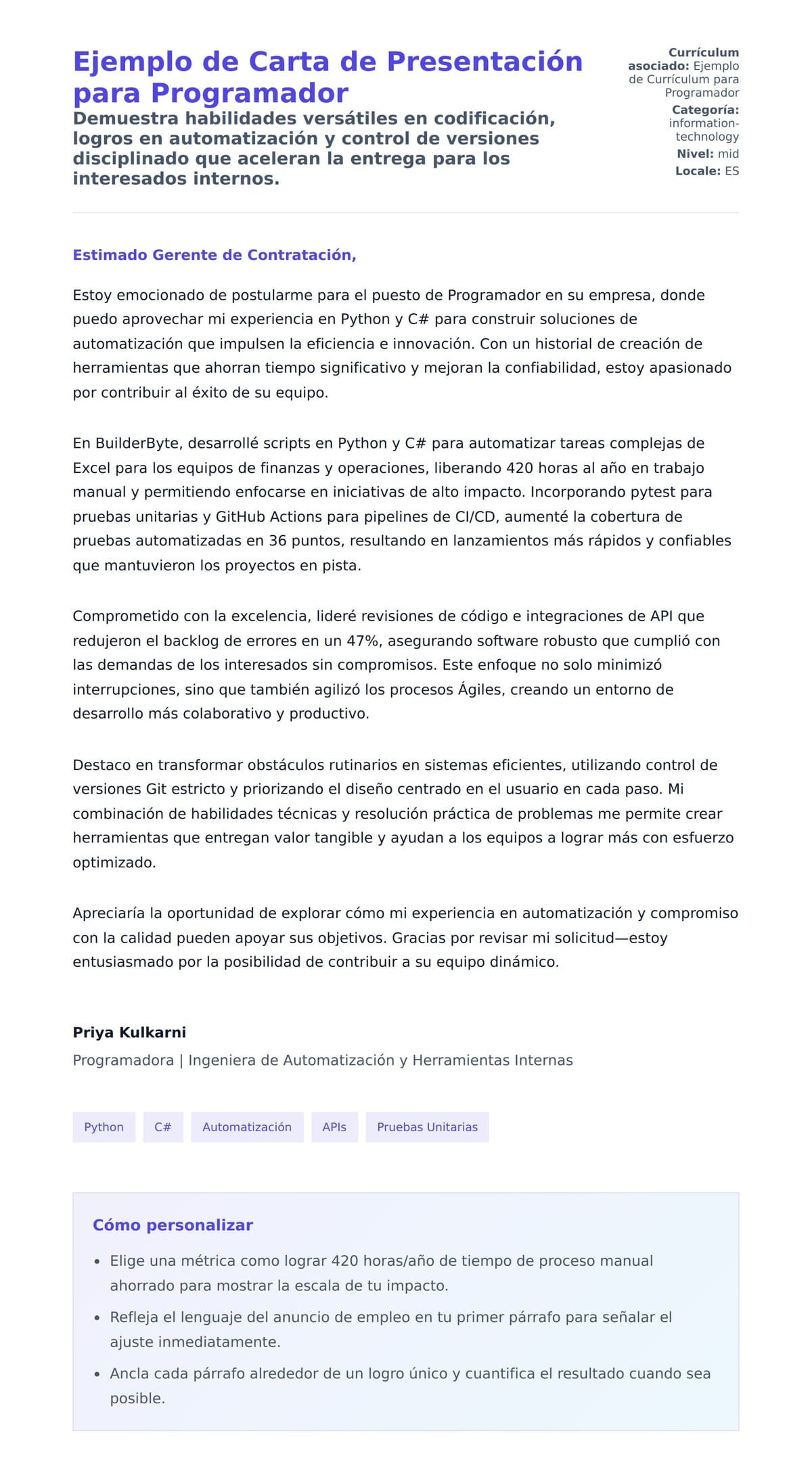 Vista previa de la carta para Ejemplo de Carta de Presentación para Programador