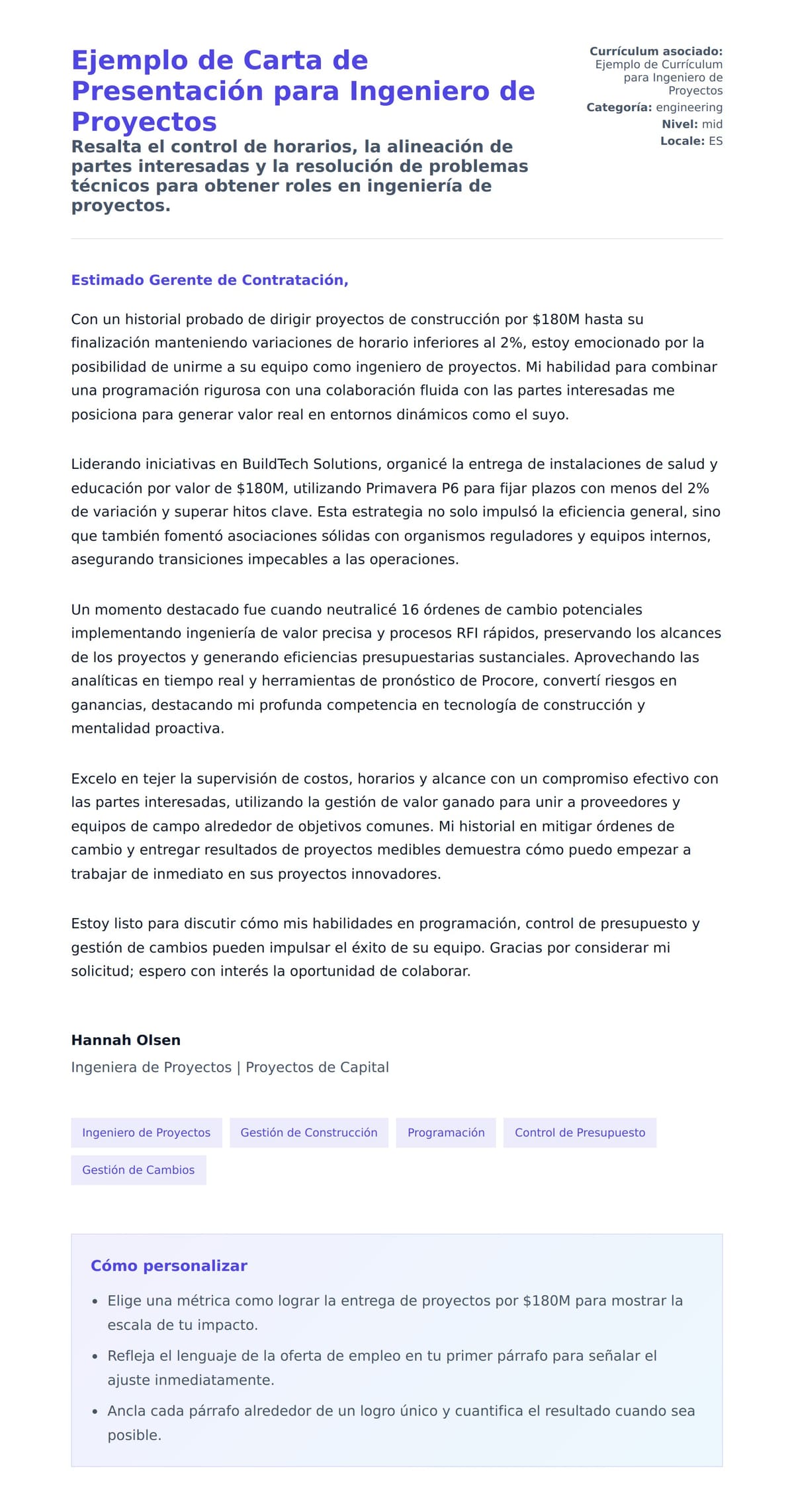 Vista previa de la carta para Ejemplo de Carta de Presentación para Ingeniero de Proyectos