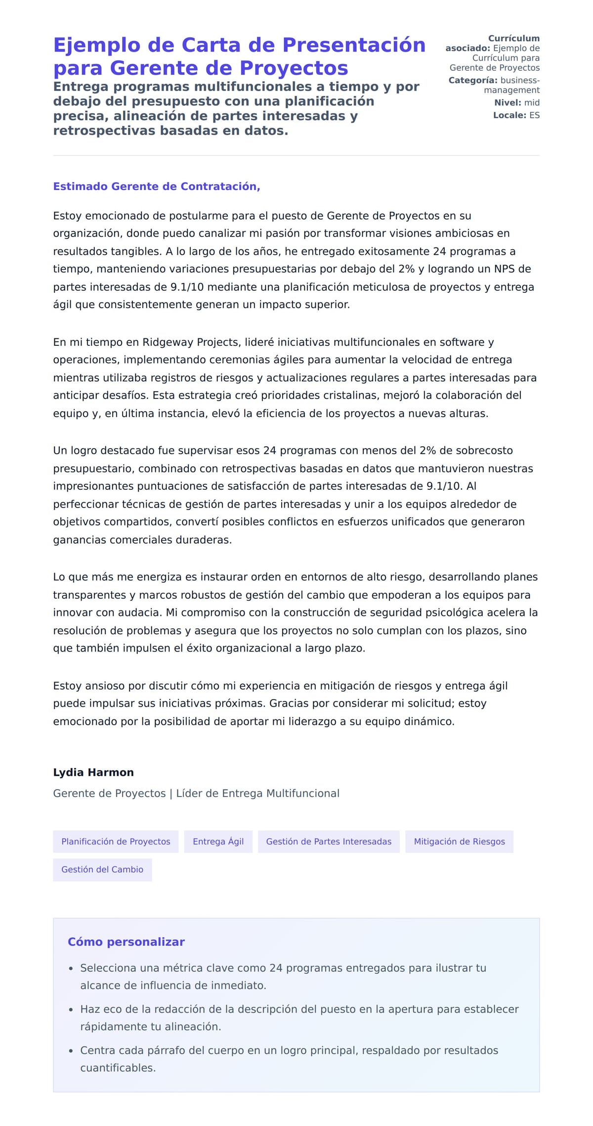 Vista previa de la carta para Ejemplo de Carta de Presentación para Gerente de Proyectos