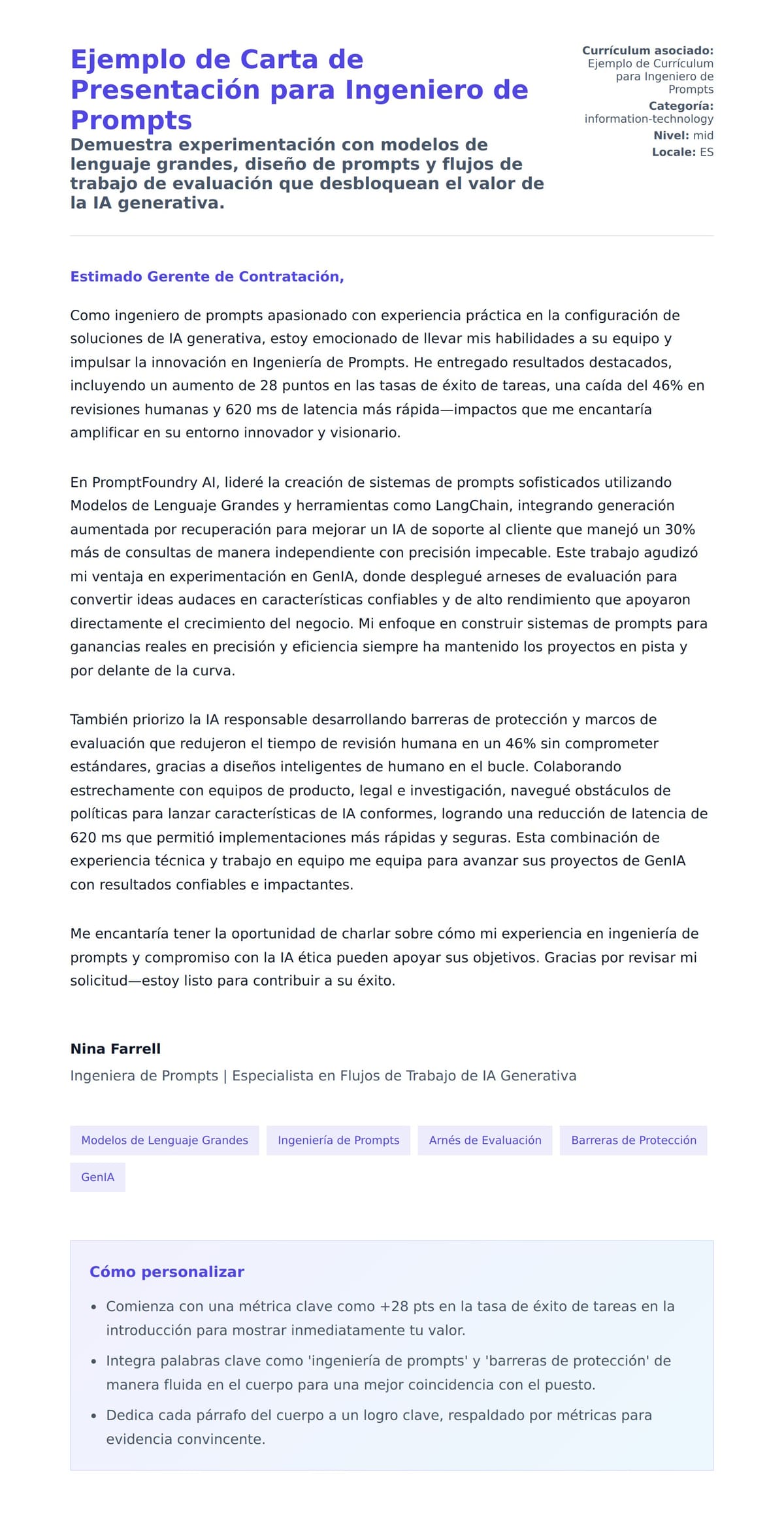 Vista previa de la carta para Ejemplo de Carta de Presentación para Ingeniero de Prompts