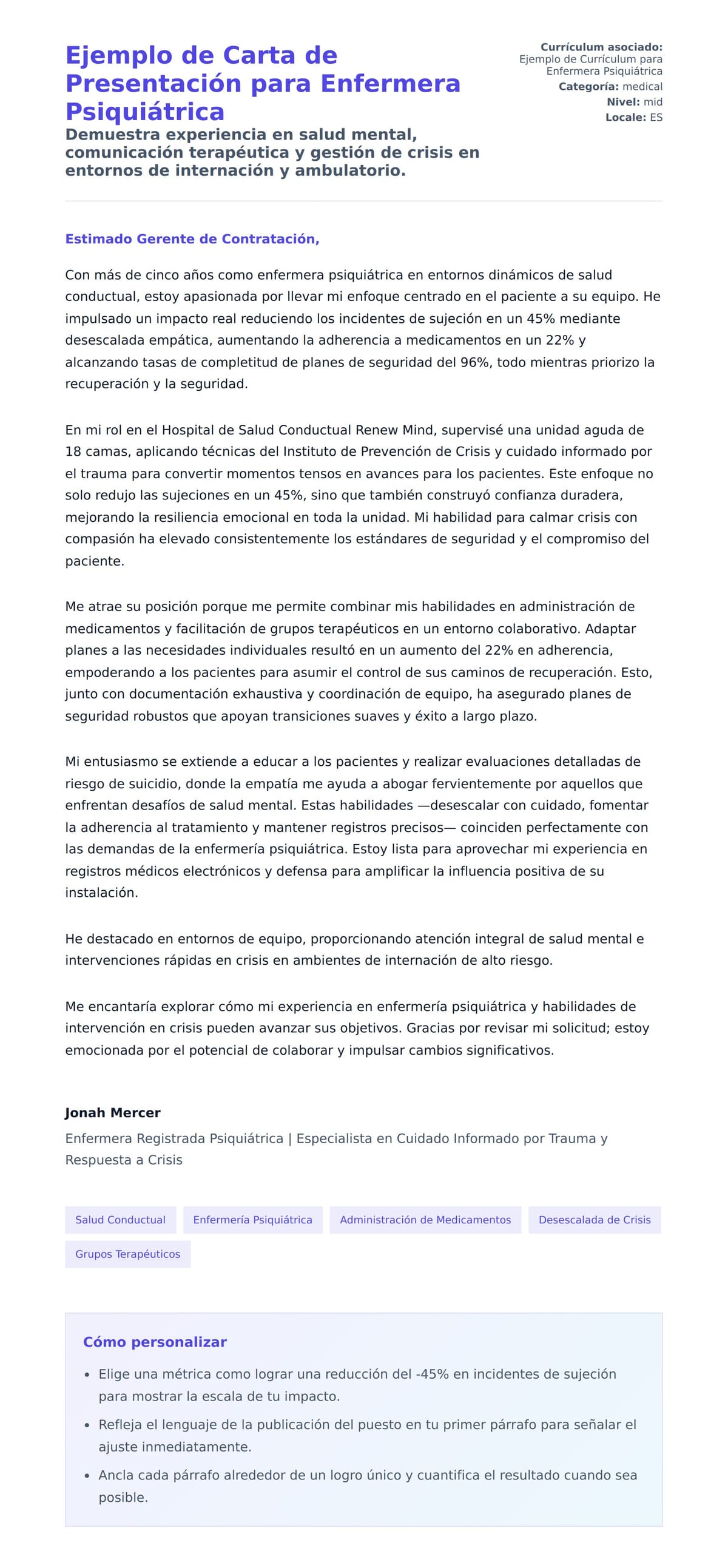 Vista previa de la carta para Ejemplo de Carta de Presentación para Enfermera Psiquiátrica