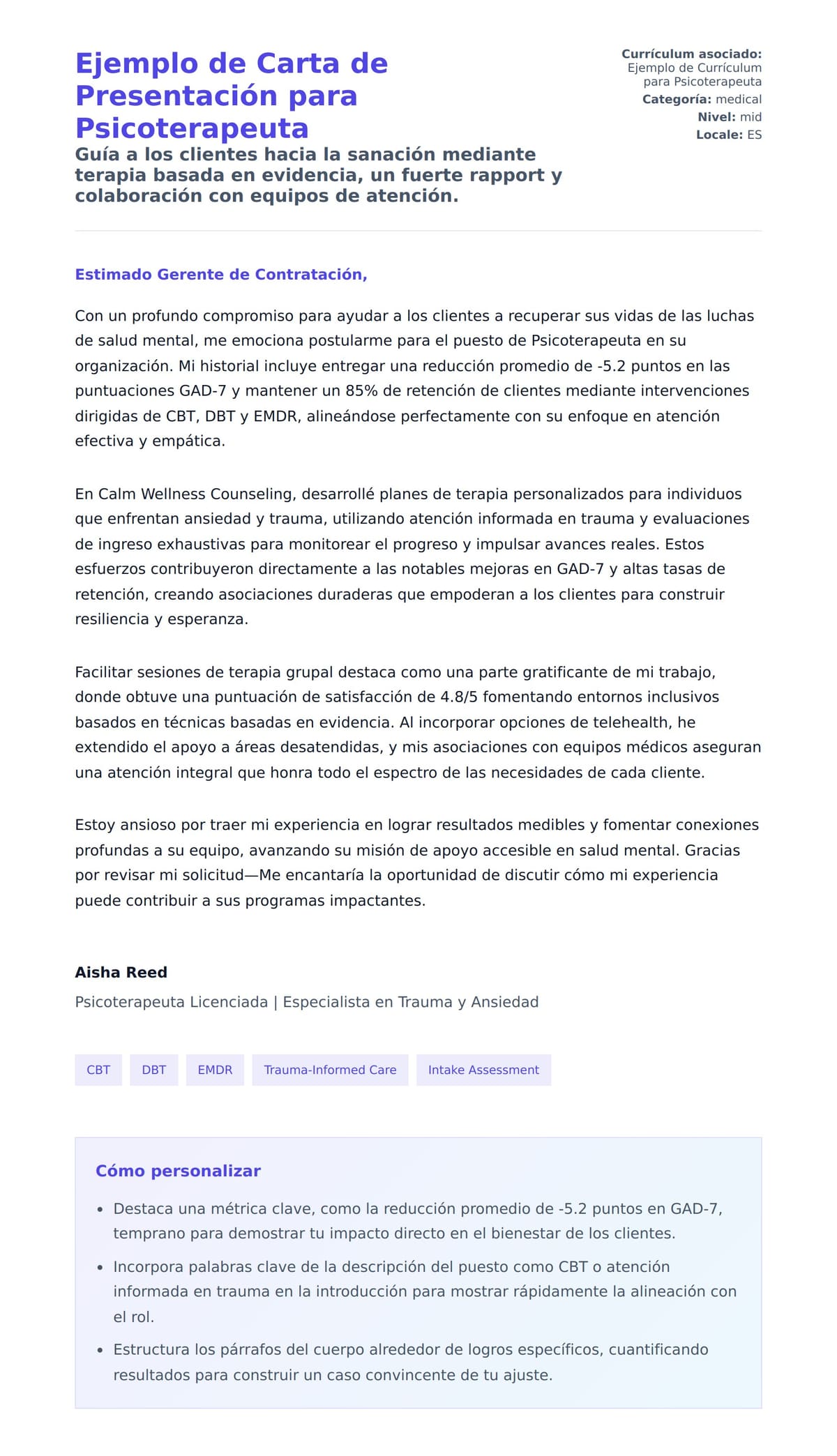 Vista previa de la carta para Ejemplo de Carta de Presentación para Psicoterapeuta