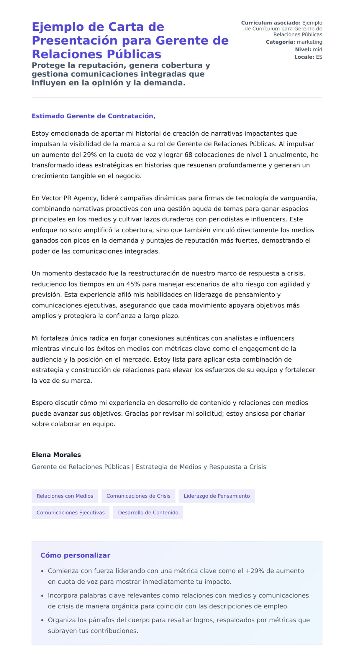Vista previa de la carta para Ejemplo de Carta de Presentación para Gerente de Relaciones Públicas